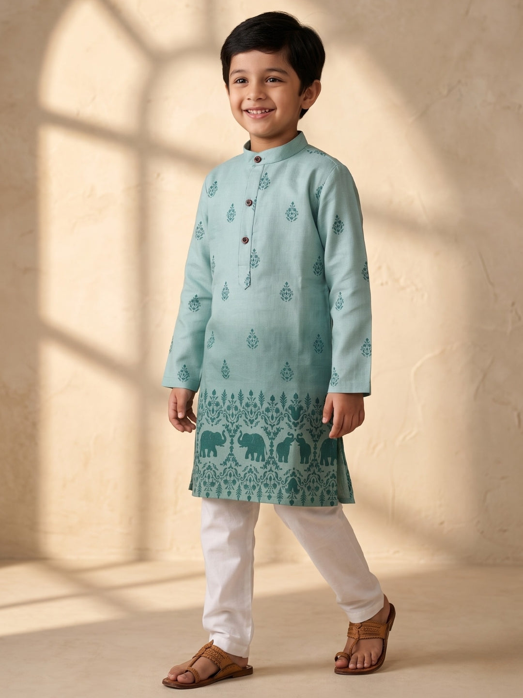 Blue Elephant Printed Cotton Blend Kurta Pyjama Set For Boys