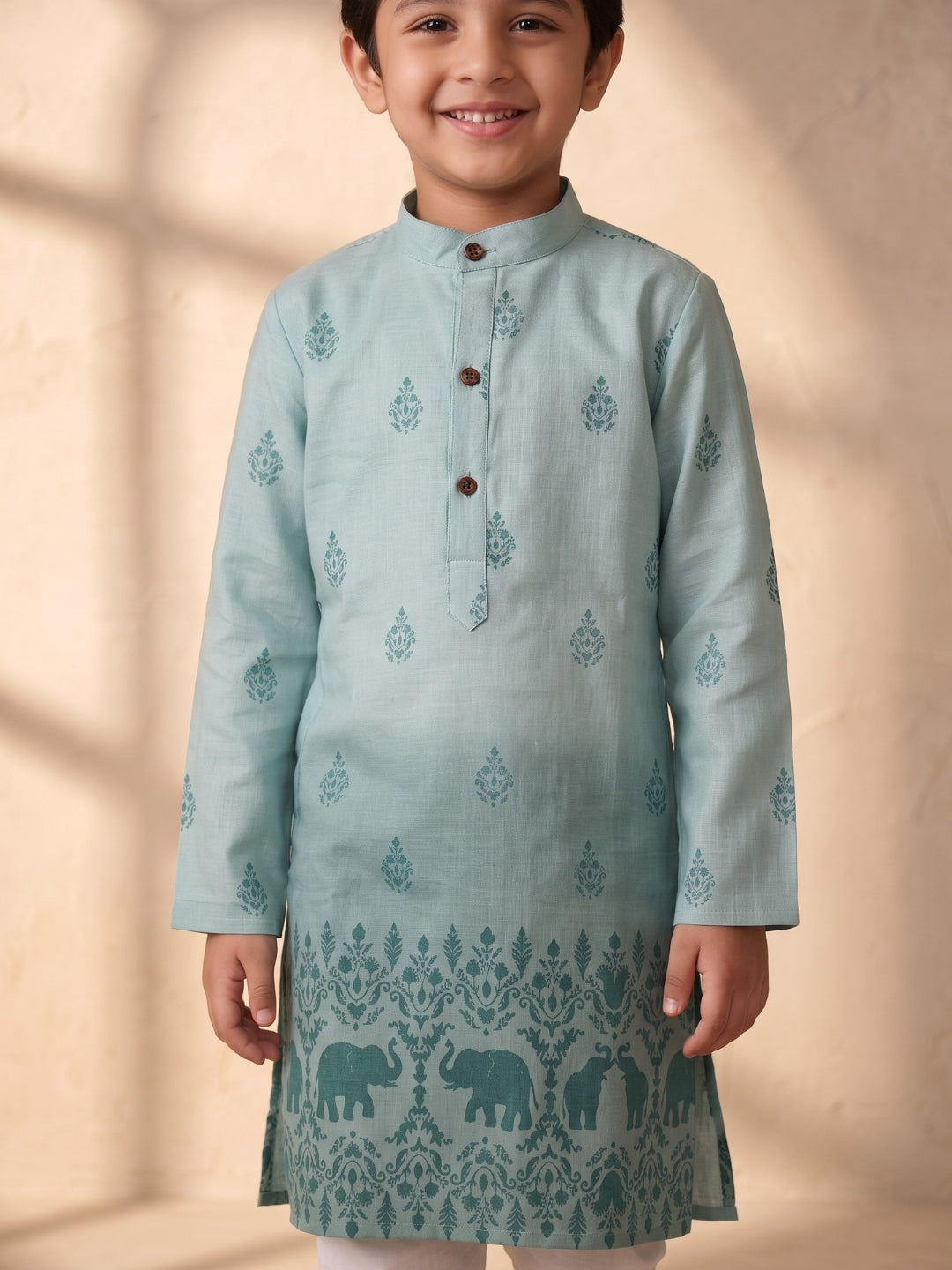Blue Elephant Printed Cotton Blend Kurta Pyjama Set For Boys