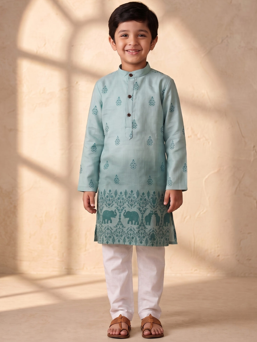 Blue Elephant Printed Cotton Blend Kurta Pyjama Set For Boys