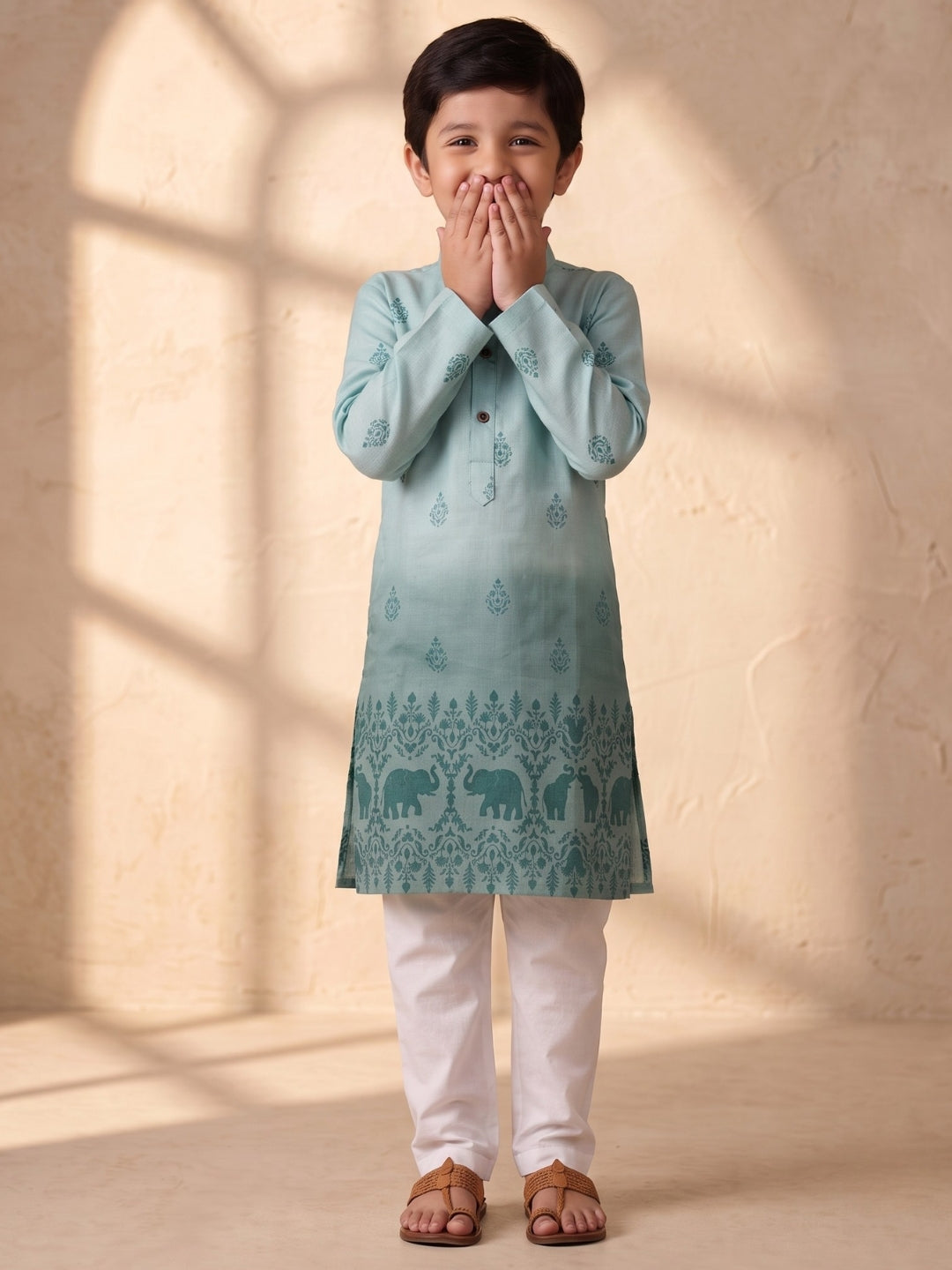 Blue Elephant Printed Cotton Blend Kurta Pyjama Set For Boys