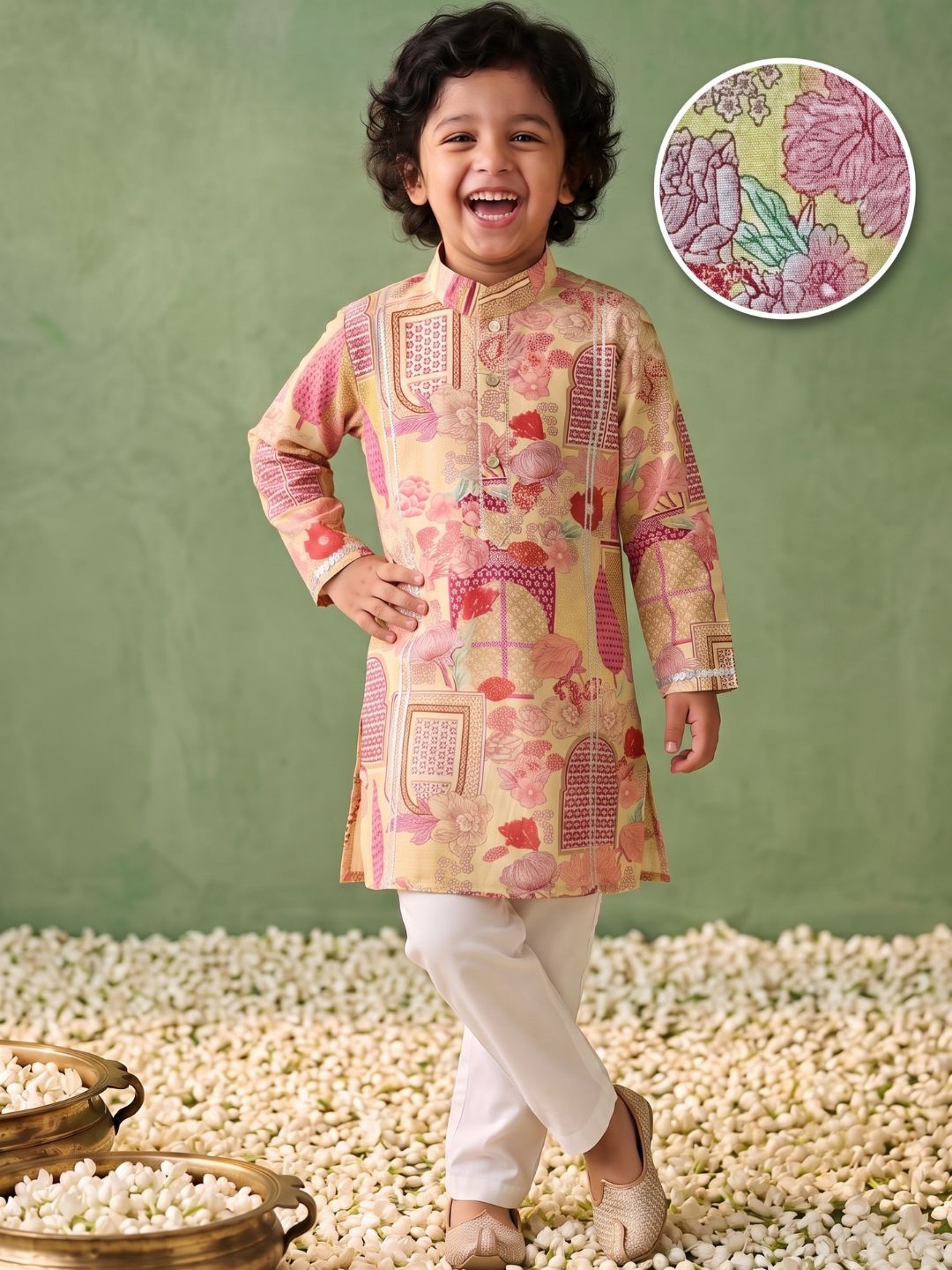 Yellow Ethnic Print Cotton Kurta Pyjama Set For Boys