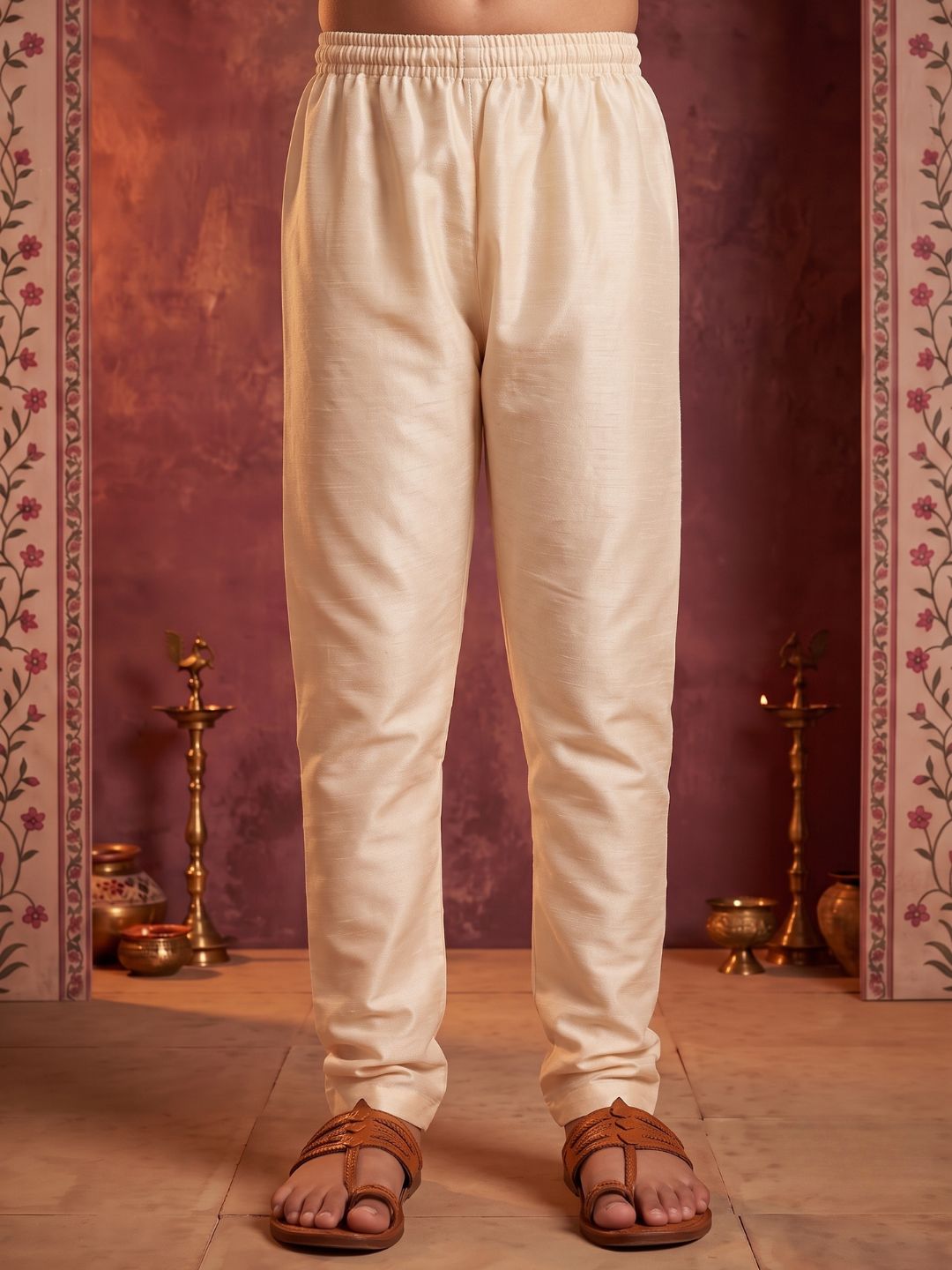 Cream Solid Silk Blend Kurta and Pyjama For Boys