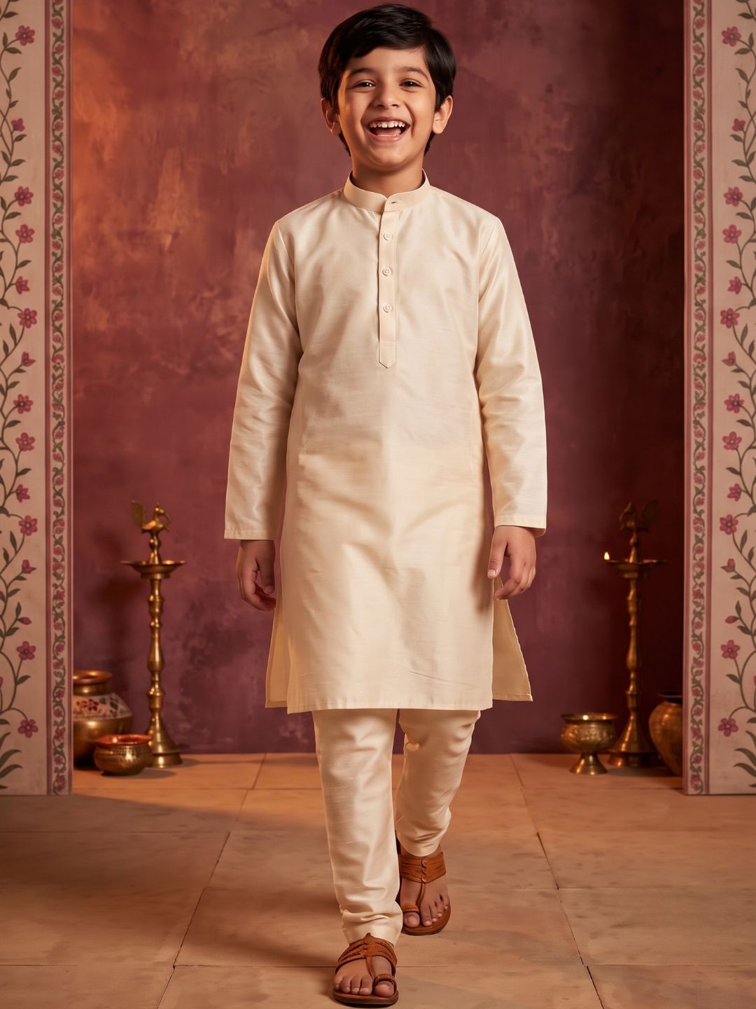 Cream Solid Silk Blend Kurta Pyjama With Multicolor Dupatta Set For Boys