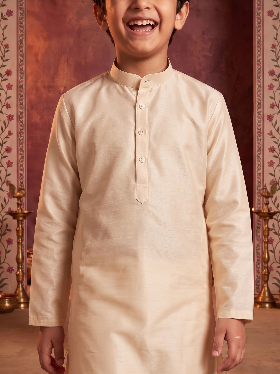 Cream Solid Silk Blend Kurta Pyjama With Multicolor Dupatta Set For Boys
