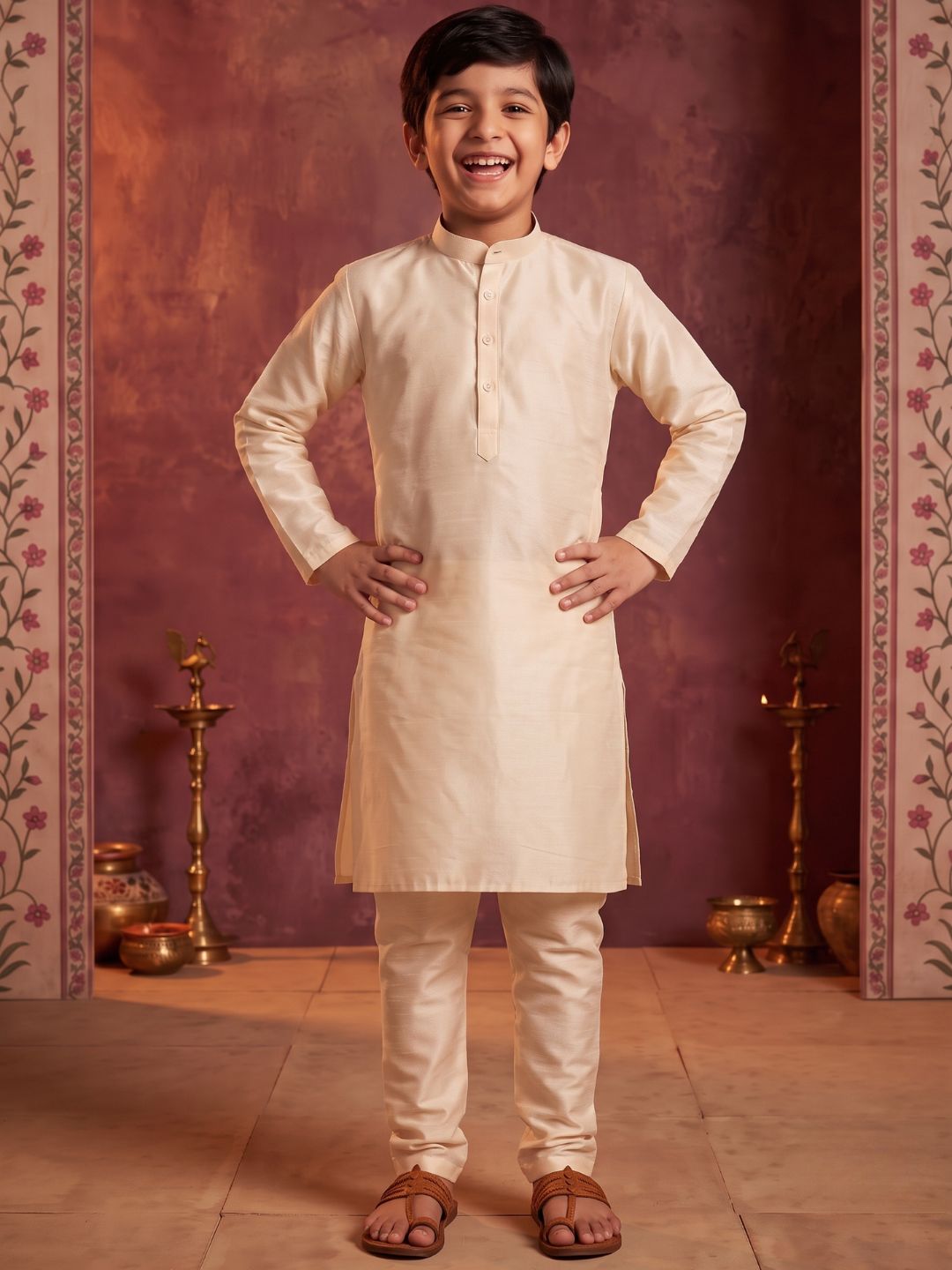 Cream Solid Silk Blend Kurta Pyjama With Multicolor Dupatta Set For Boys