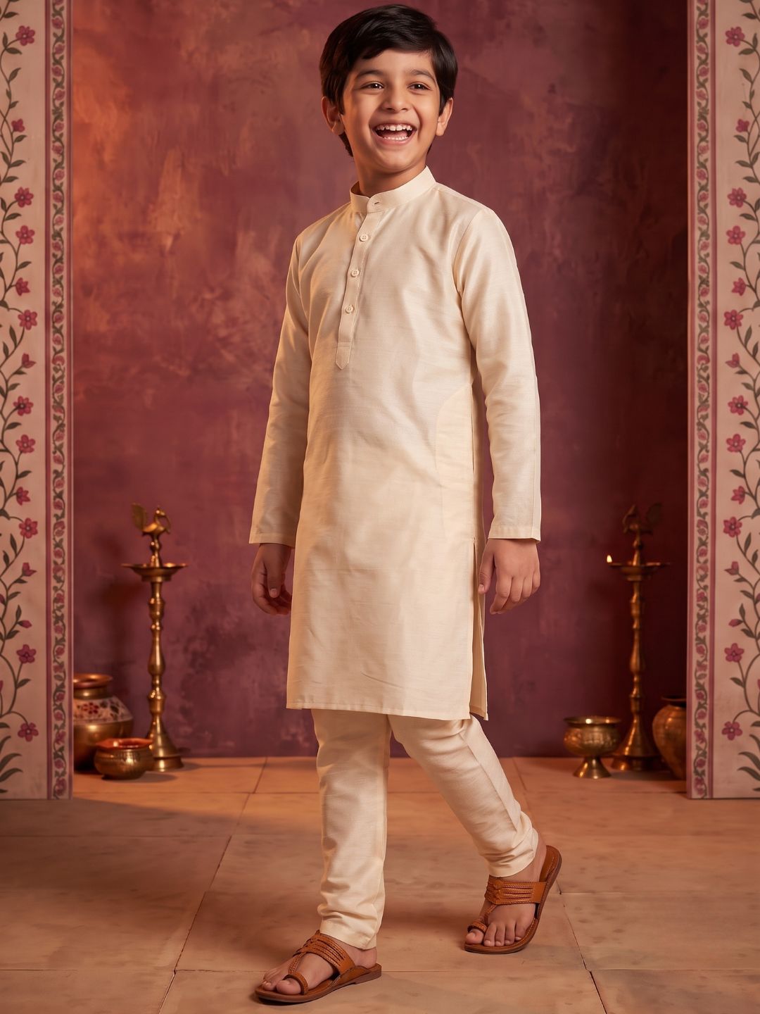 Cream Solid Silk Blend Kurta Pyjama With Maroon Dupatta Set For Boys