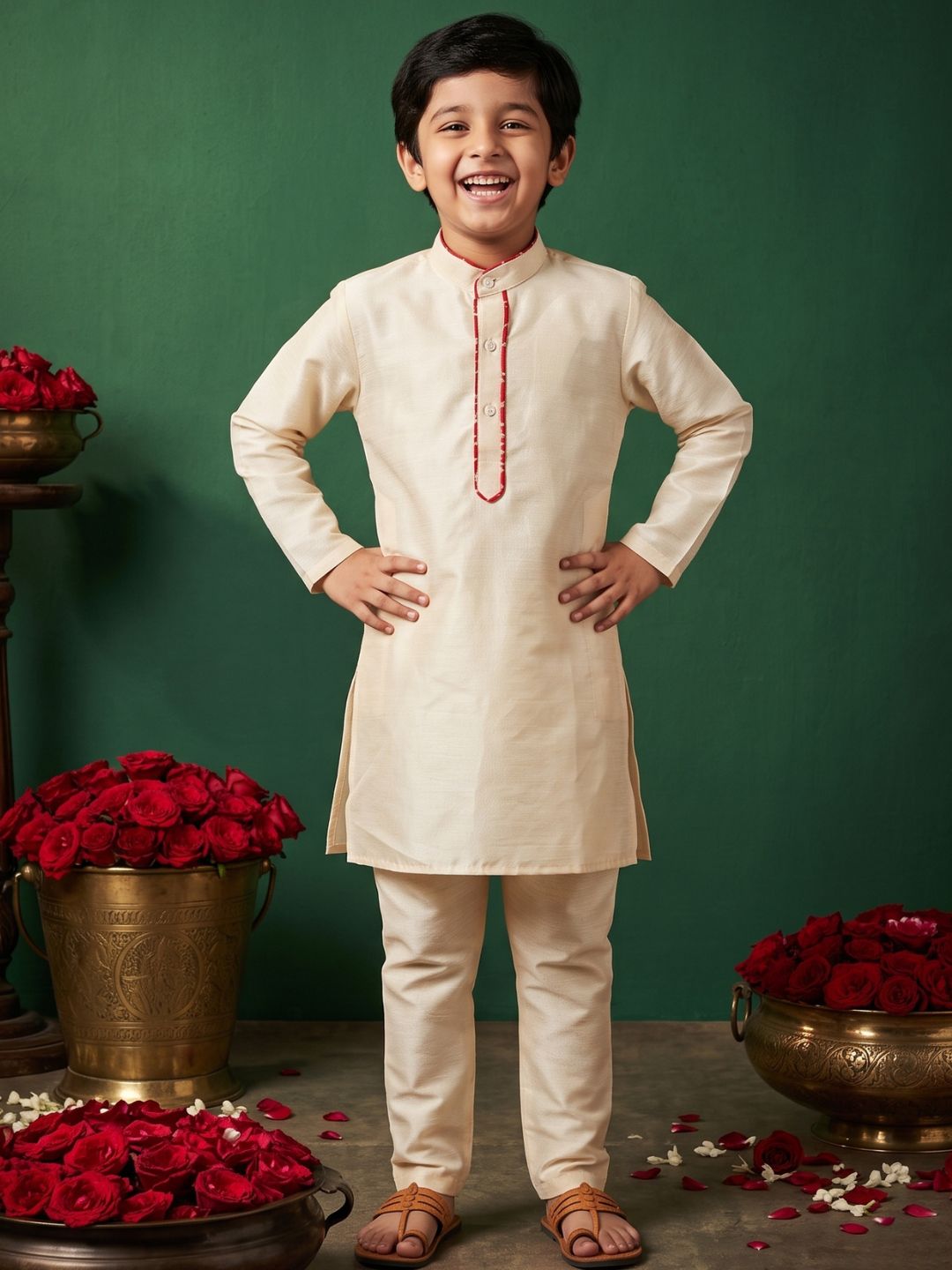 Cream Solid Silk Blend Red Piping Kurta and Pyjama Set For Boys