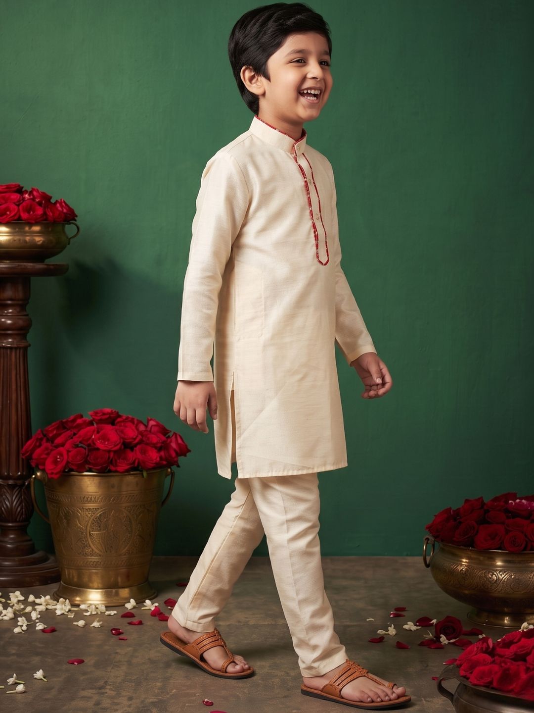 Cream Solid Silk Blend Red Piping Kurta and Pyjama Set For Boys