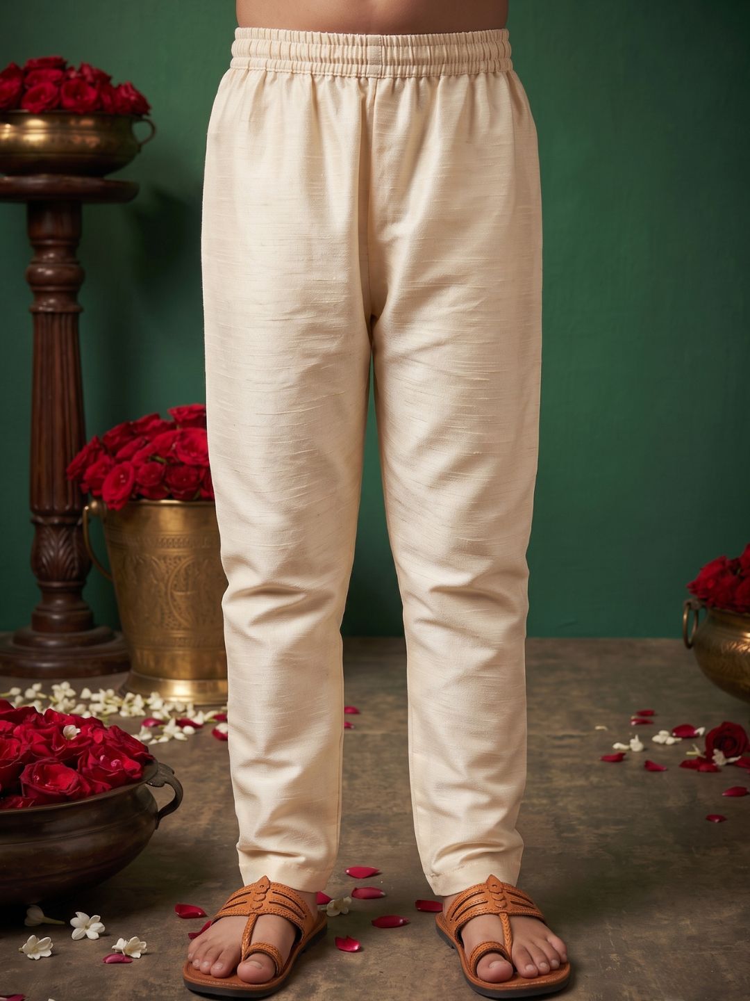 Cream Solid Silk Blend Red Piping Kurta and Pyjama Set For Boys