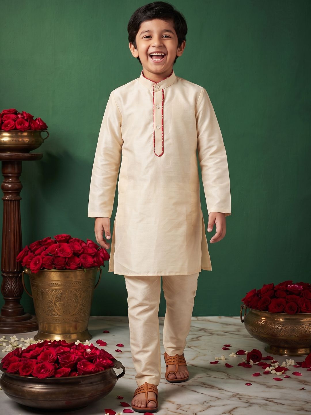 Cream Solid Silk Blend Red Piping Kurta and Pyjama Set For Boys