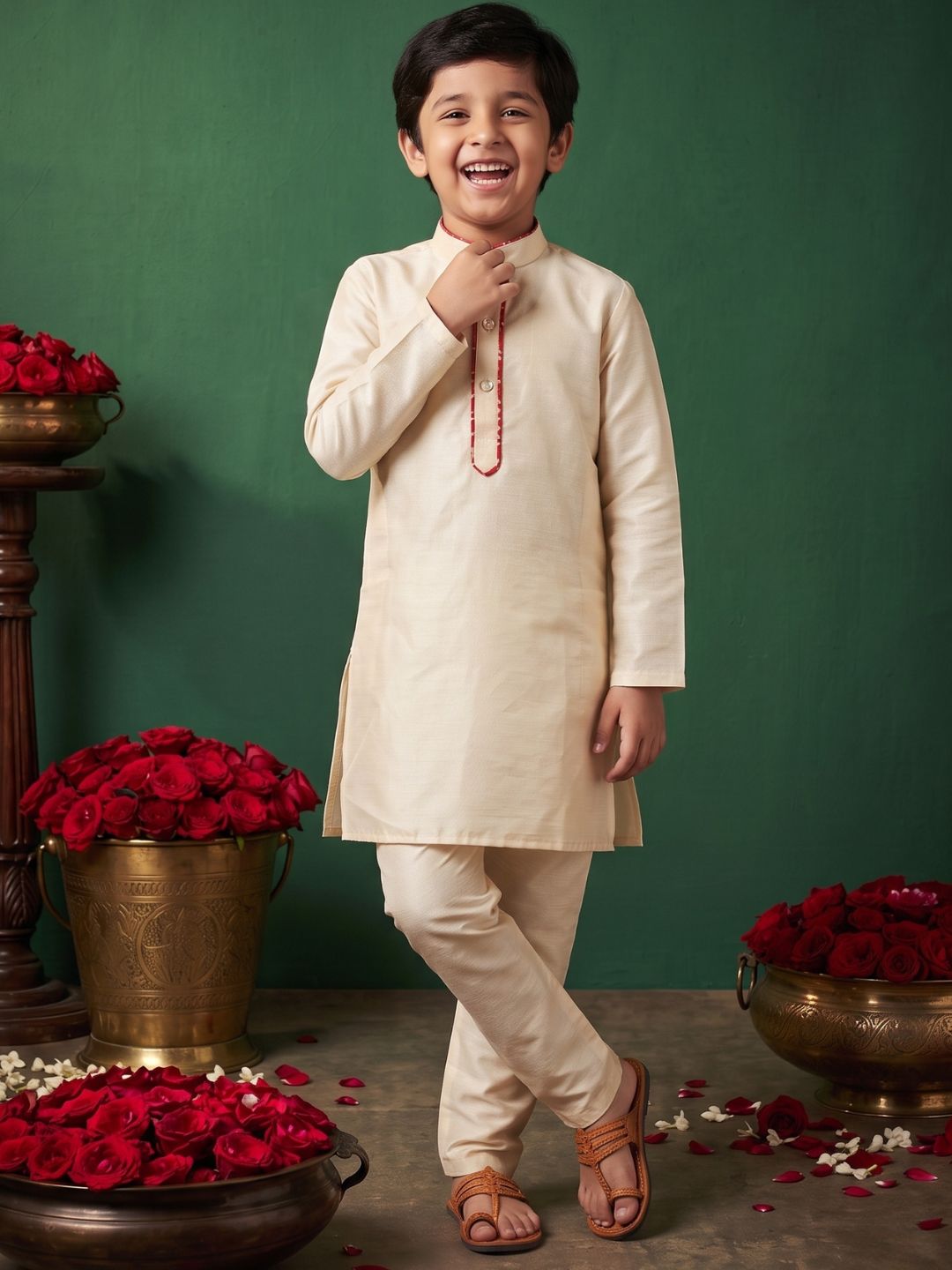 Cream Solid Silk Blend Red Piping Kurta and Pyjama Set For Boys