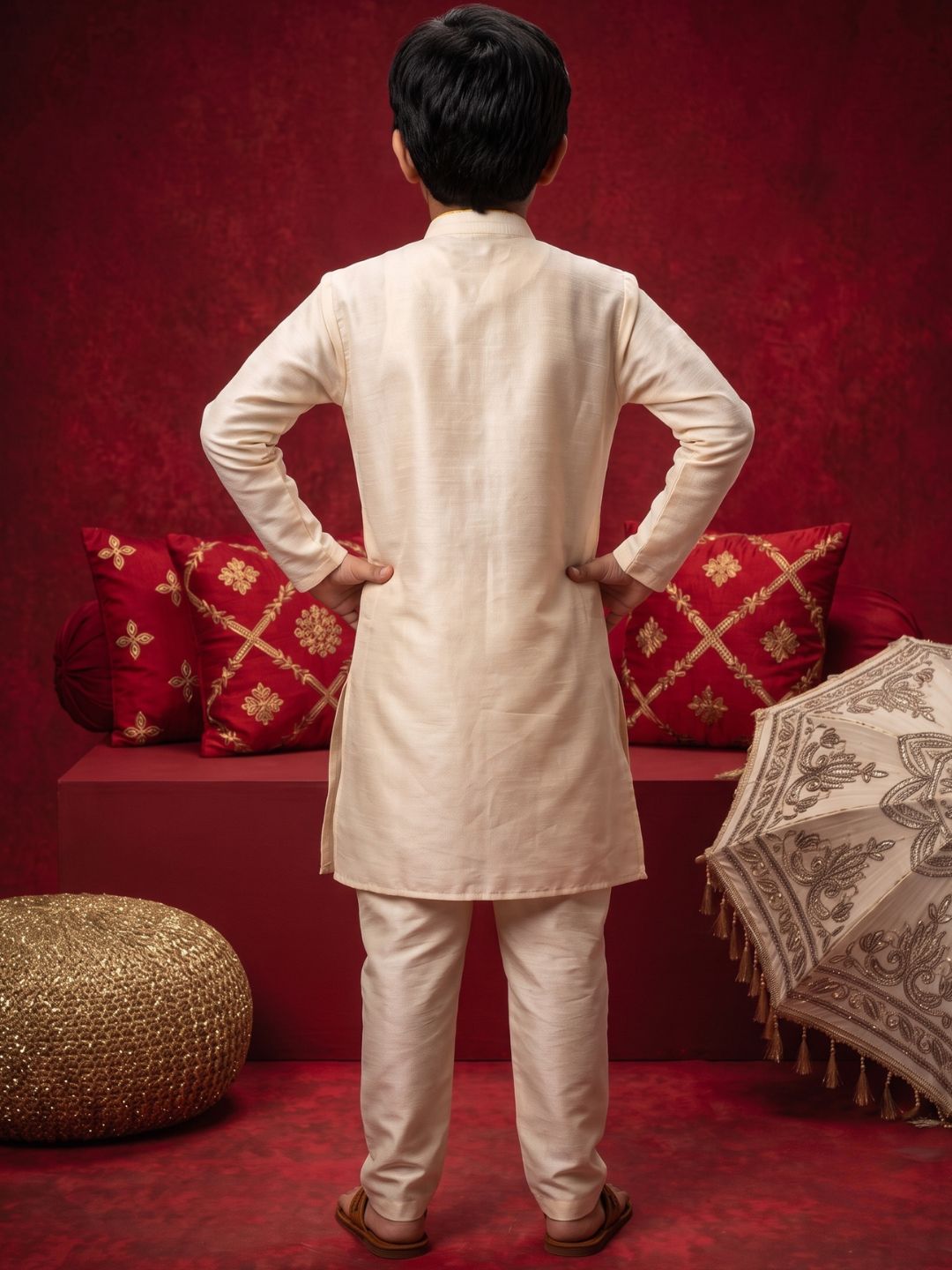 Cream Solid Silk Blend Yellow Piping Kurta and Pyjama Set For Boys