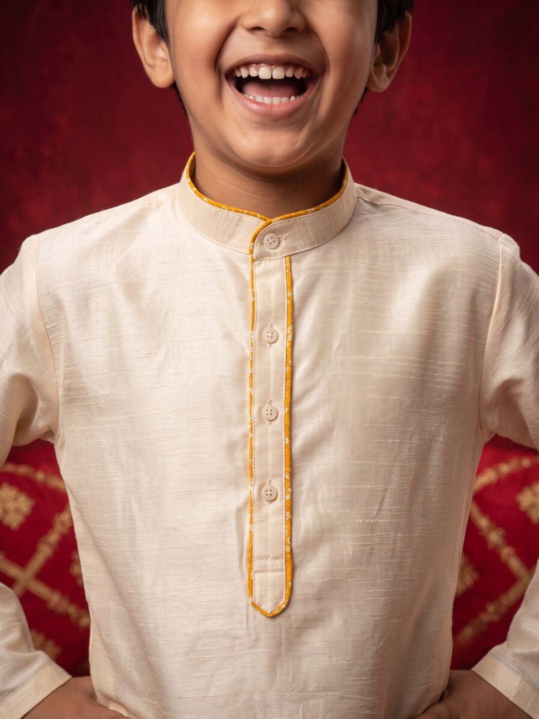 Cream Solid Silk Blend Yellow Piping Kurta and Pyjama Set For Boys