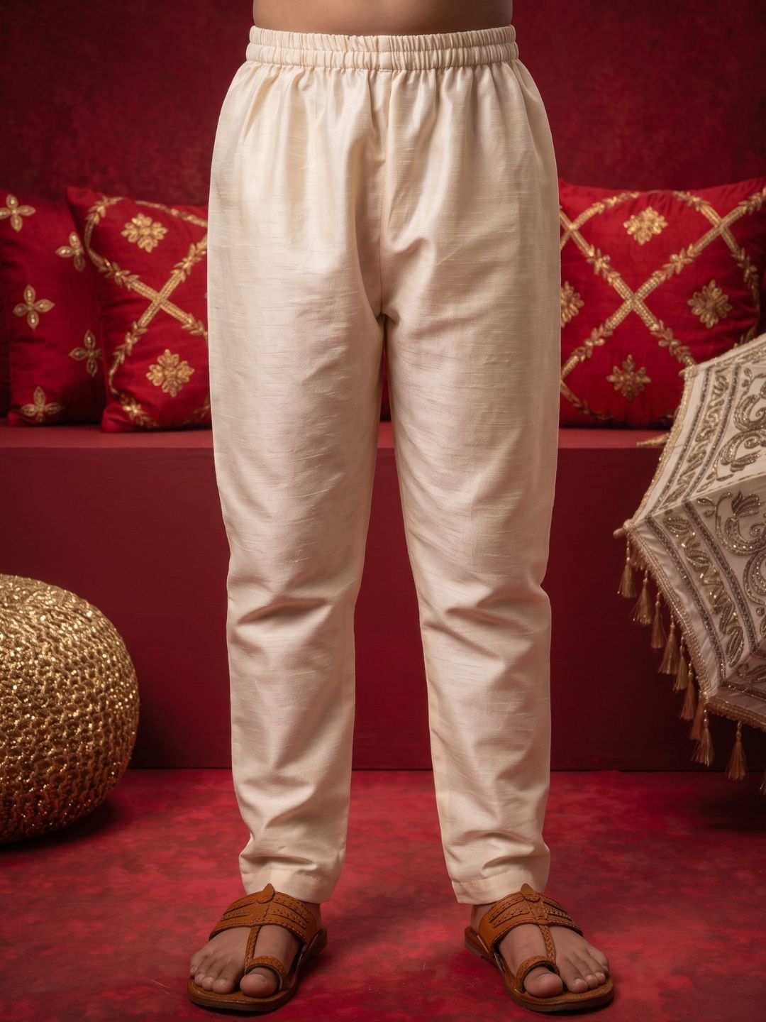 Cream Solid Silk Blend Yellow Piping Kurta and Pyjama Set For Boys