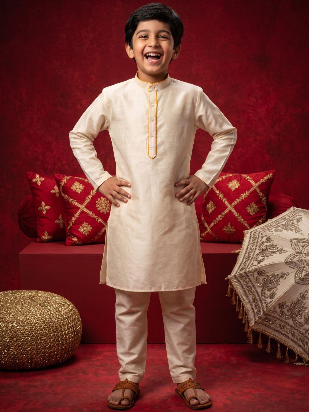 Cream Solid Silk Blend Yellow Piping Kurta and Pyjama Set For Boys
