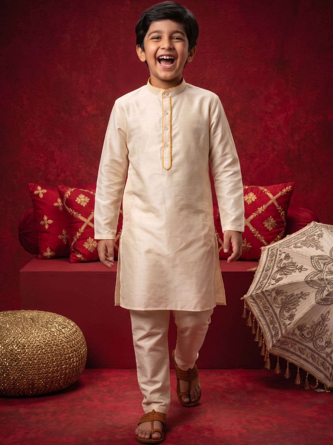 Cream Solid Silk Blend Yellow Piping Kurta and Pyjama Set For Boys