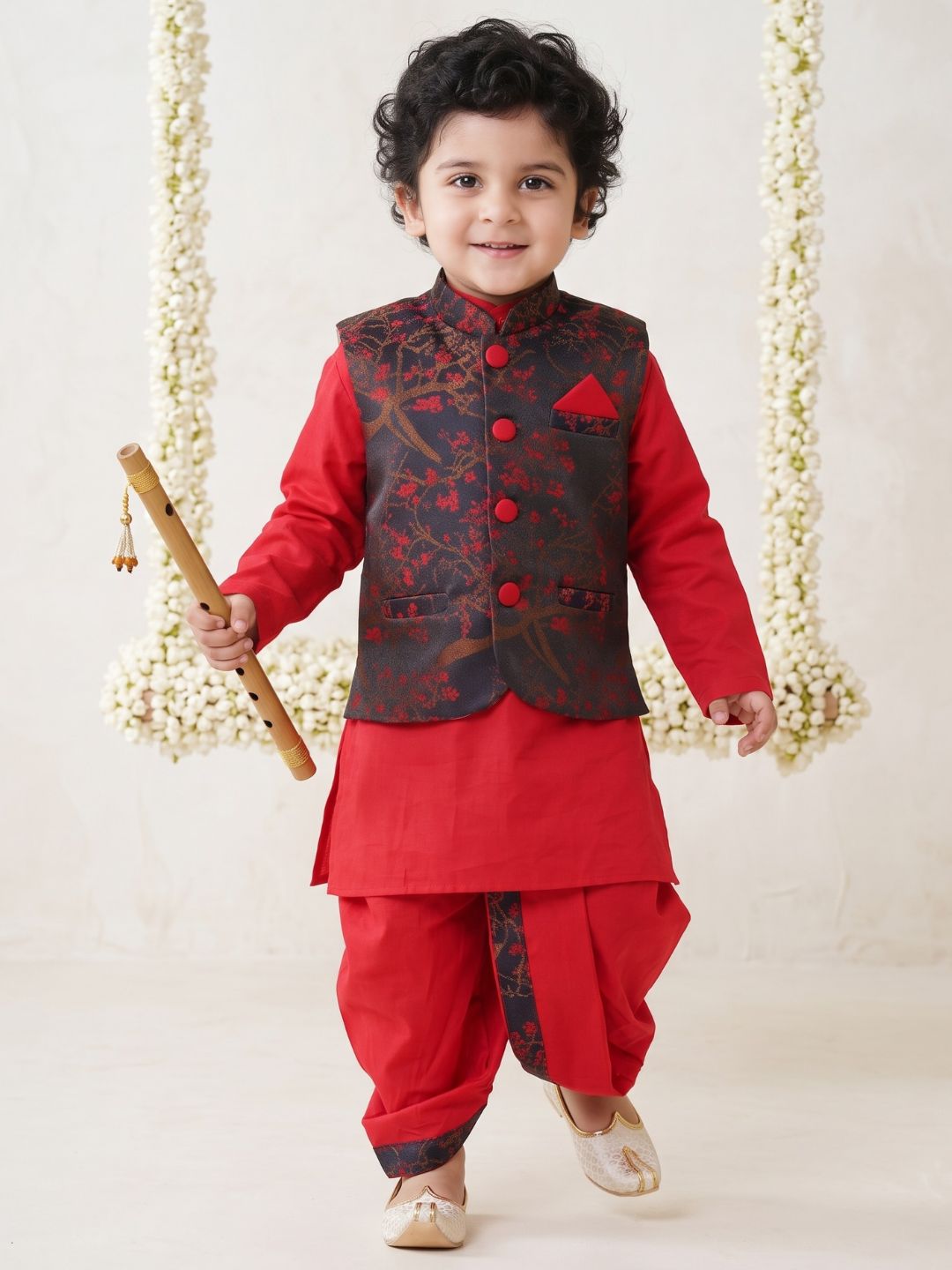 Kids Boys Green Floral Print Cotton Dhoti Set