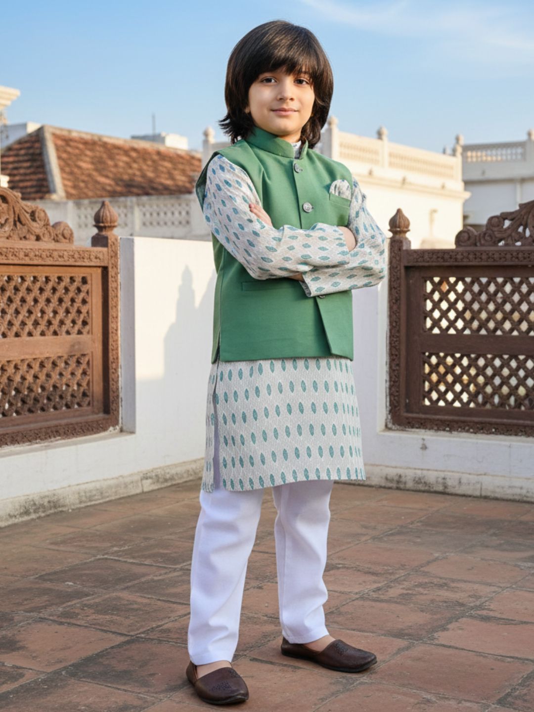 Kids Boys Green Printed Cotton Suit Set - AJ Dezines