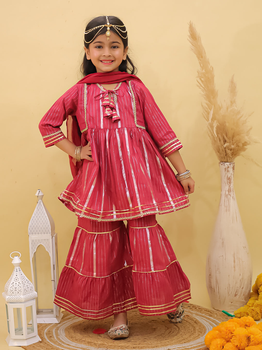 Maroon Cotton Sleeveless Lurex and Gotta Work Girls Suit Set