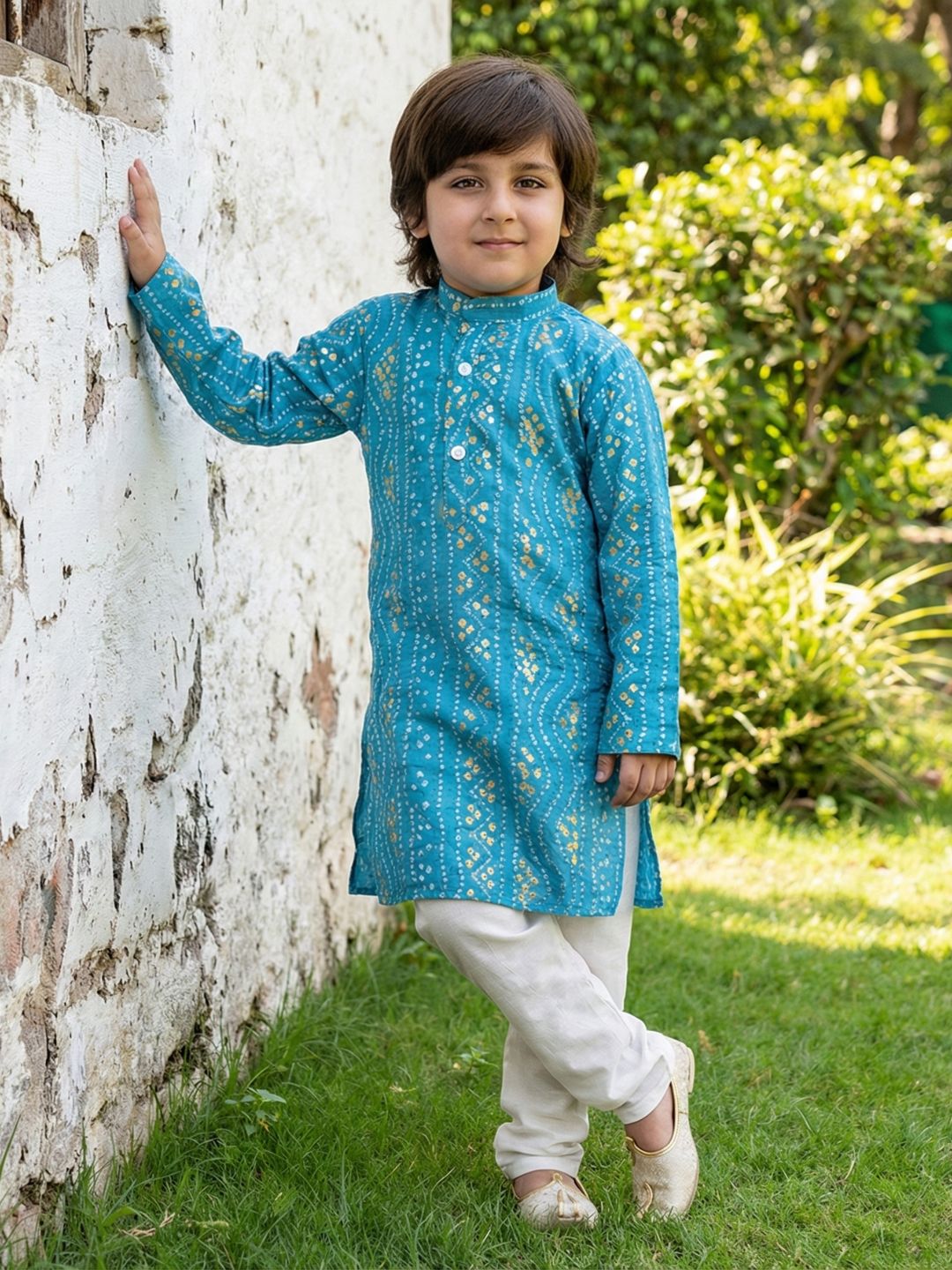 Kids Boys C-Blue Bandhani Print Cotton Kurta Pyjama Set - AJ Dezines