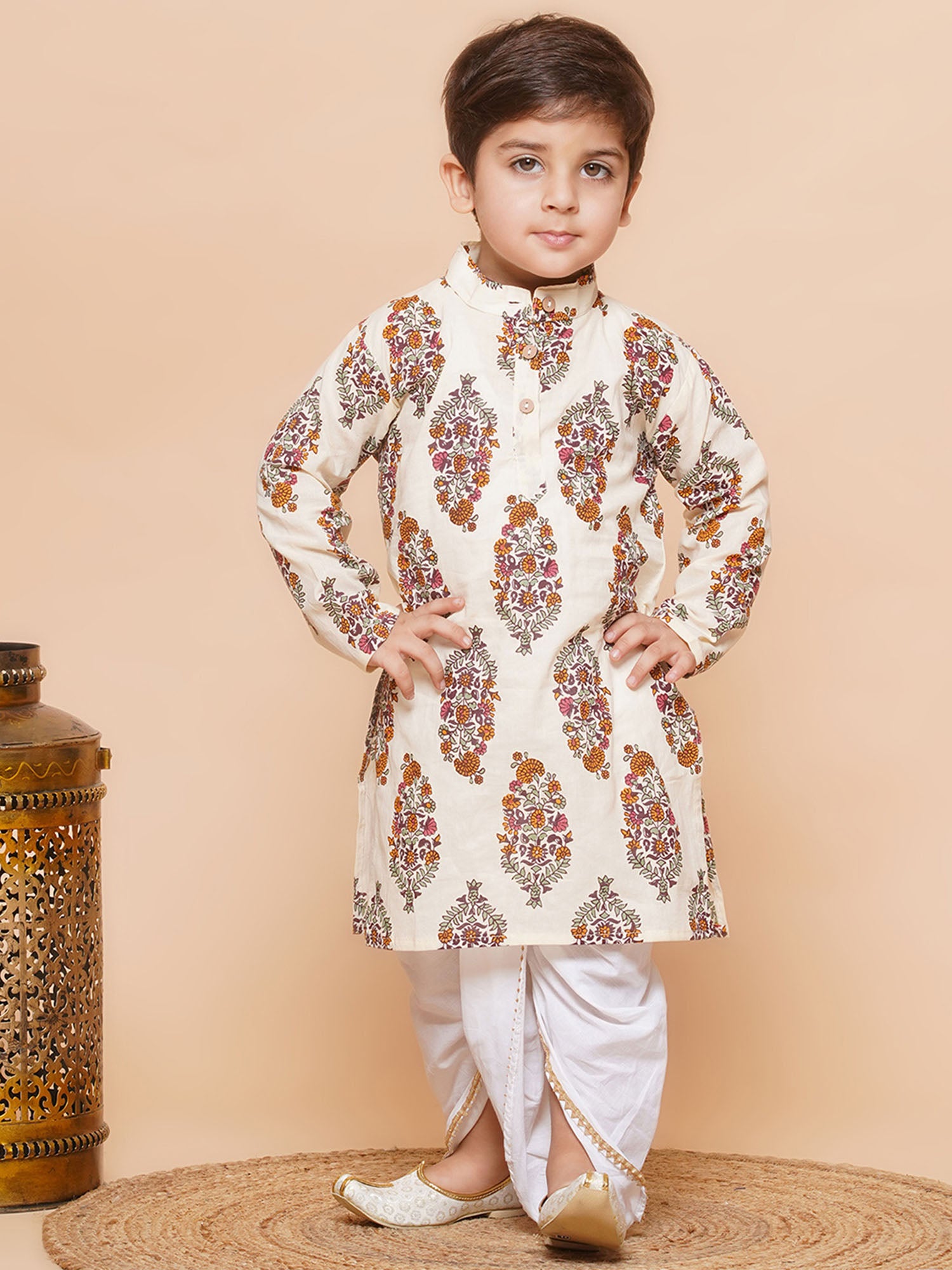 Boys Cream Off White Printed Pure Cotton Dhoti Set for Kids - AJ Dezines