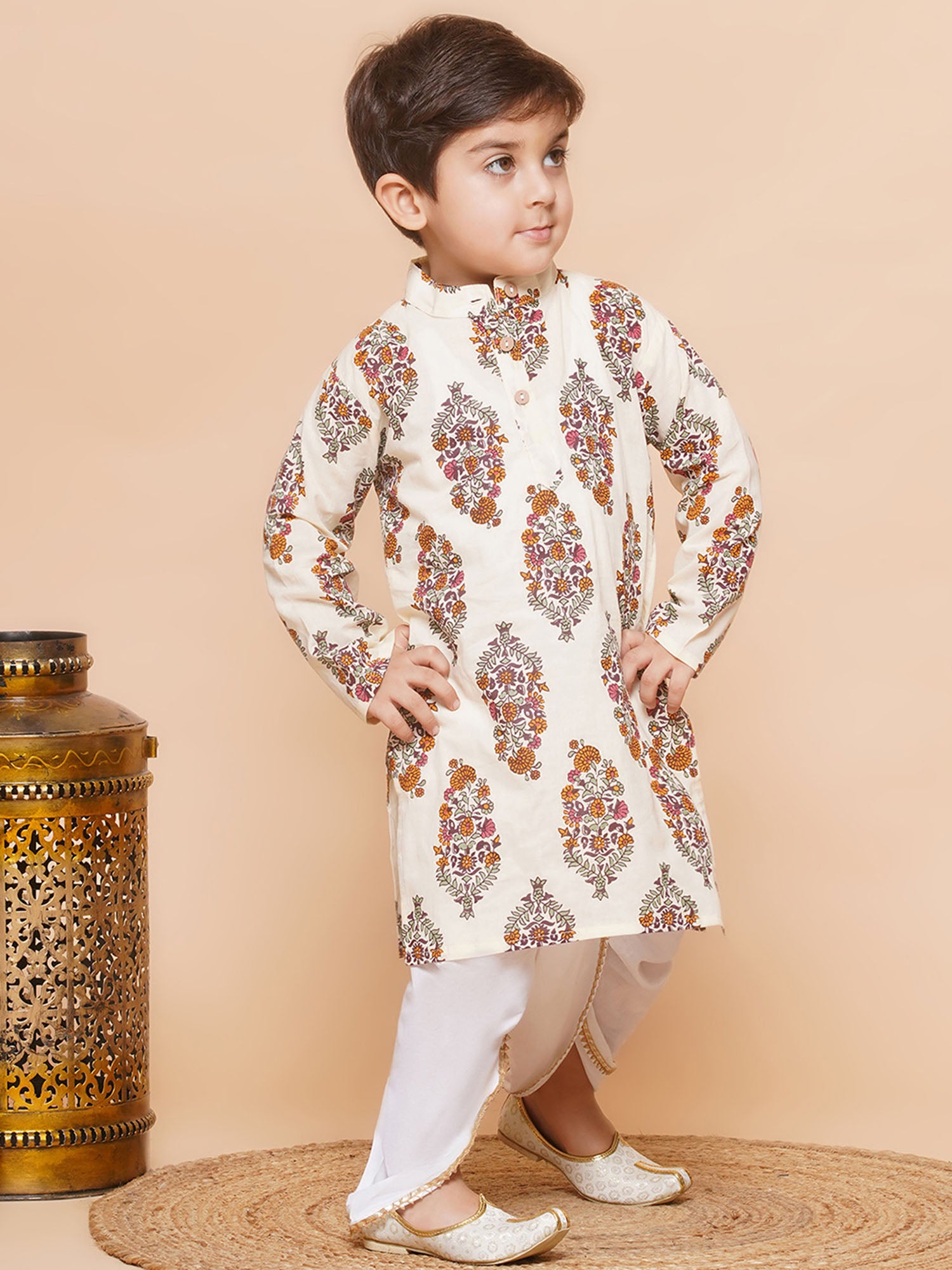 Boys Cream Off White Printed Pure Cotton Dhoti Set for Kids - AJ Dezines