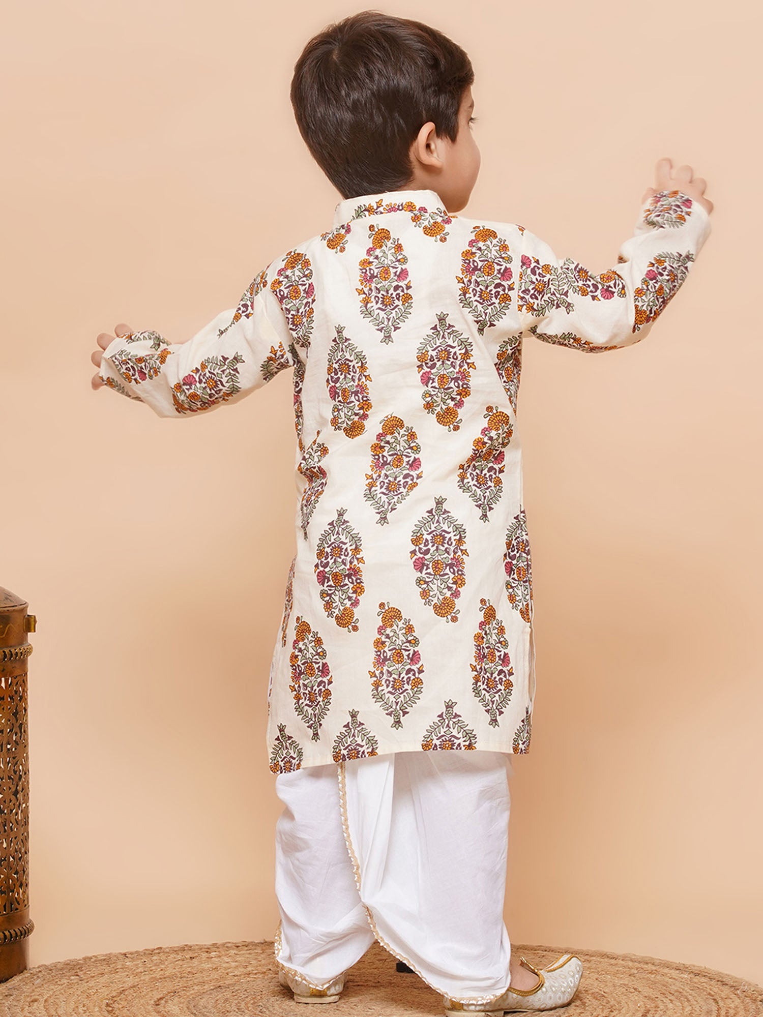 Boys Cream Off White Printed Pure Cotton Dhoti Set for Kids - AJ Dezines