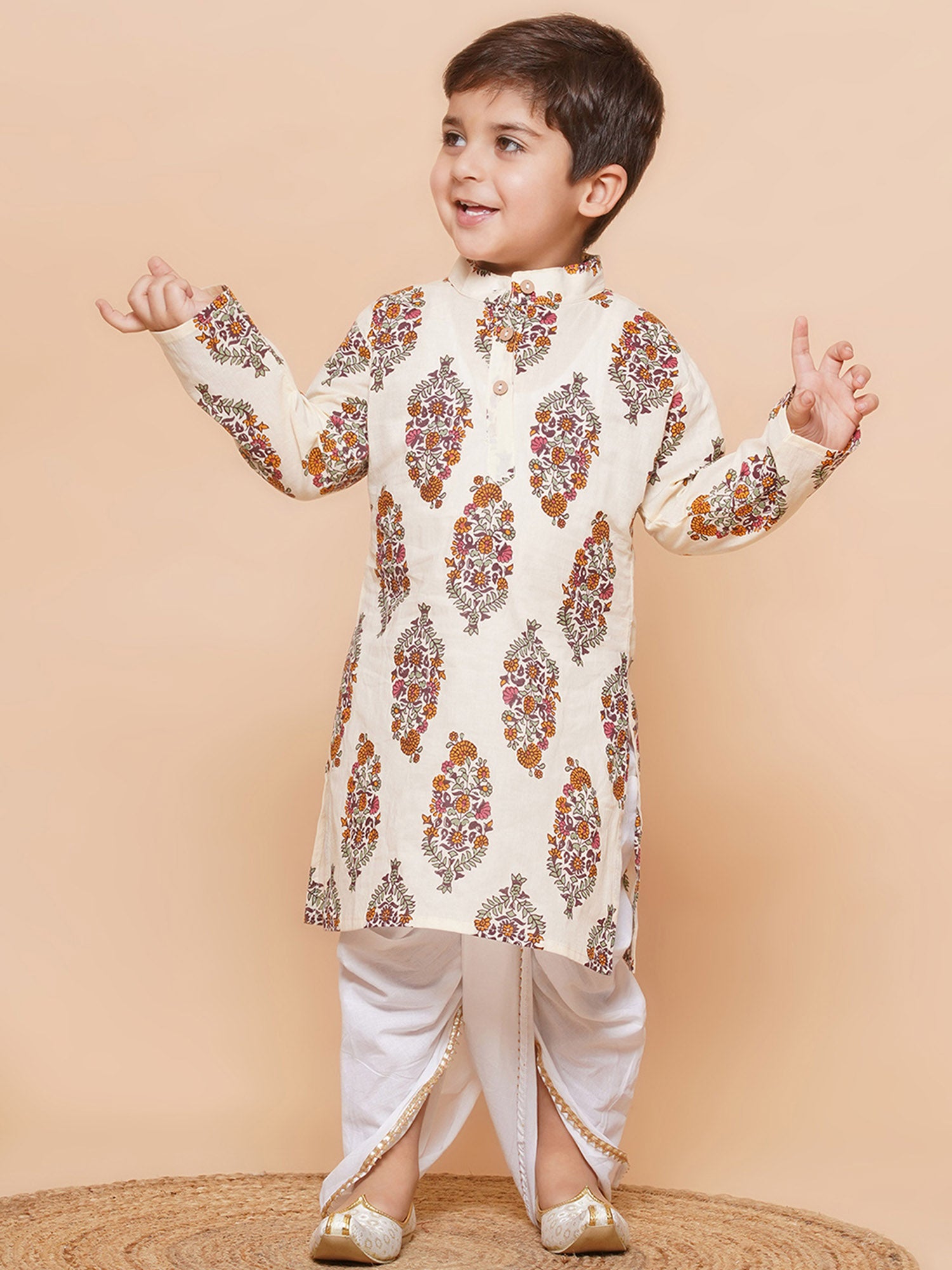Boys Cream Off White Printed Pure Cotton Dhoti Set for Kids - AJ Dezines