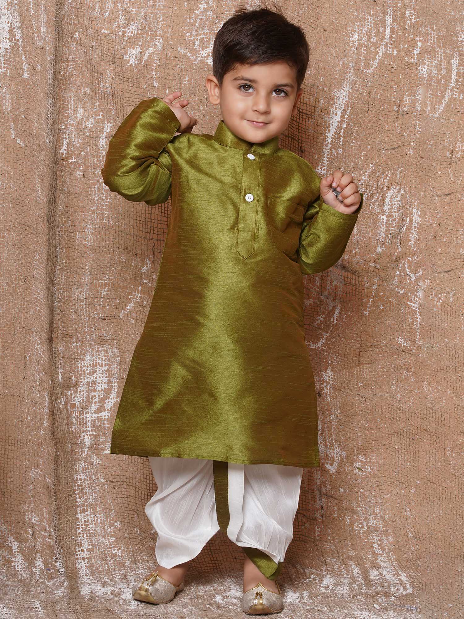 Kids Boys Olive Green Silk Blend Dhoti Kurta Set for Festive Wear - AJ Dezines