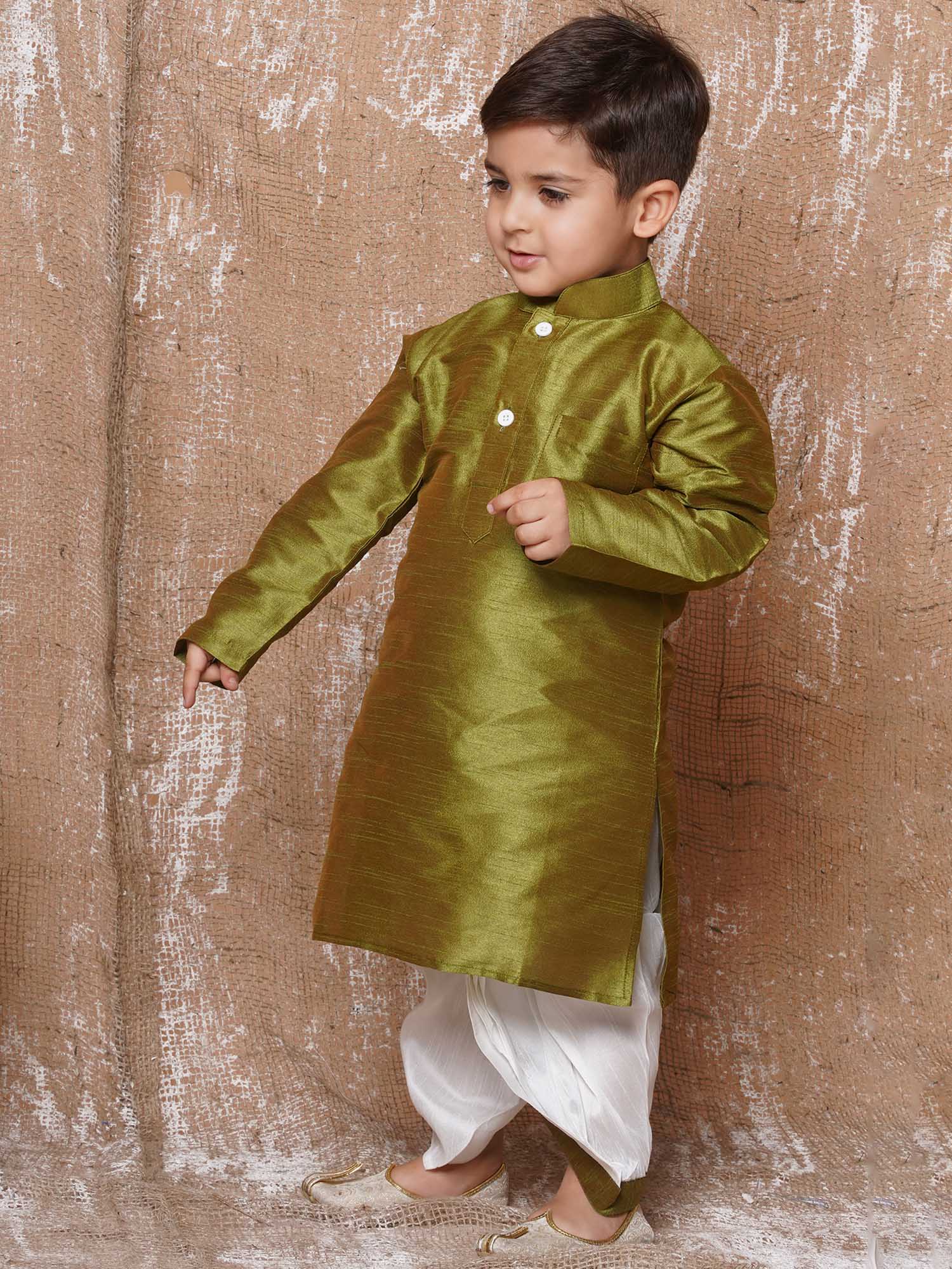 Kids Boys Olive Green Silk Blend Dhoti Kurta Set for Festive Wear - AJ Dezines