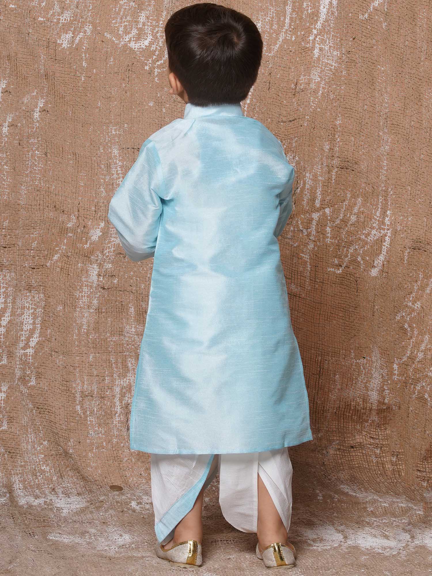 Boys Sky Blue Solid Silk Blend Dhoti Kurta Set for Festive Wear - AJ Dezines