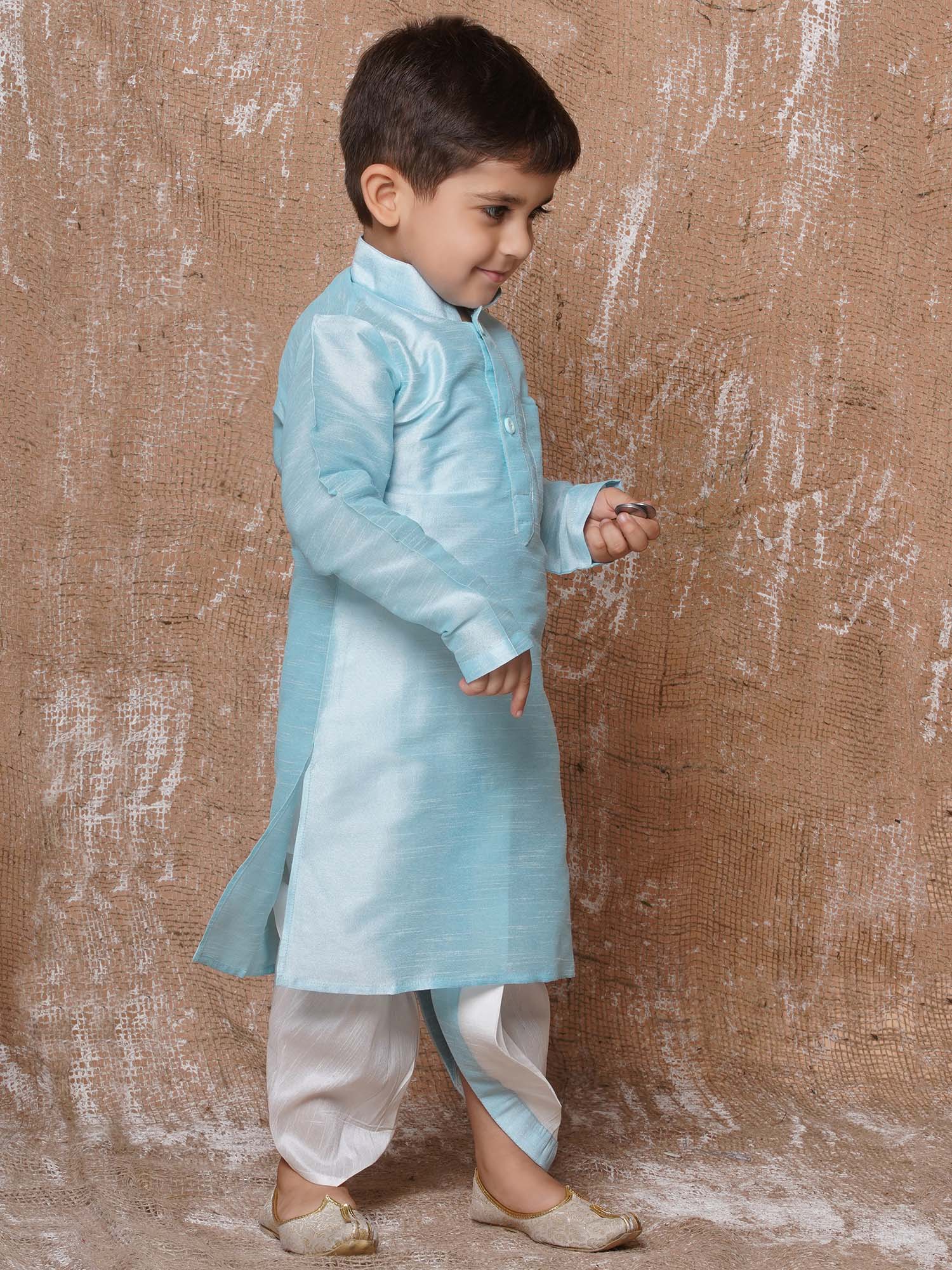 Boys Sky Blue Solid Silk Blend Dhoti Kurta Set for Festive Wear - AJ Dezines