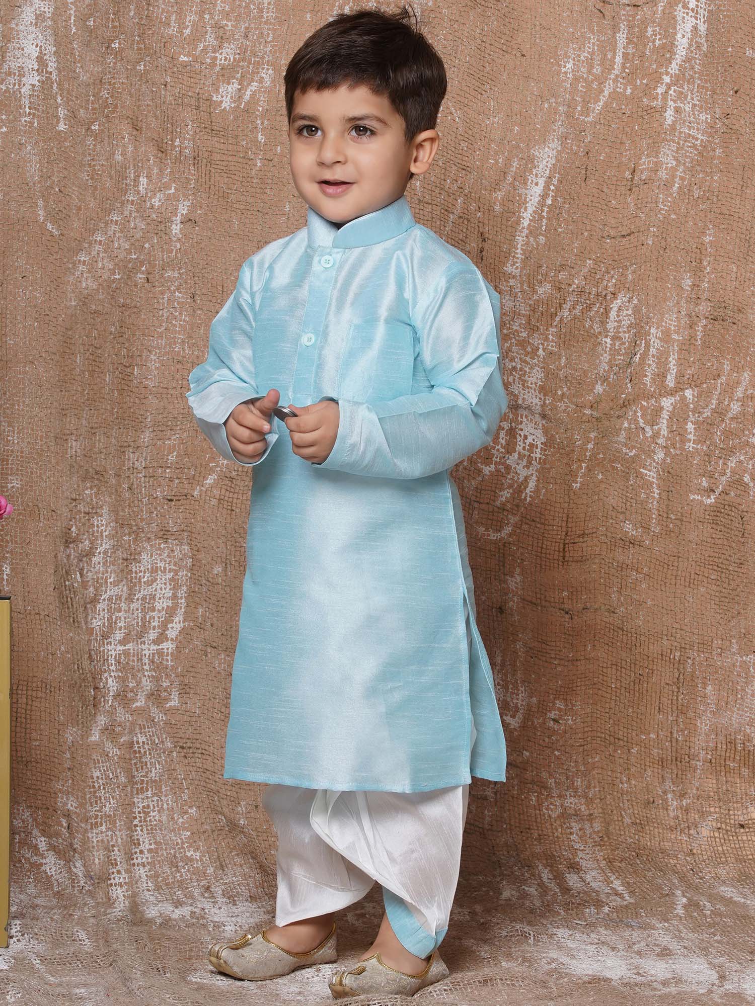 Boys Sky Blue Solid Silk Blend Dhoti Kurta Set for Festive Wear - AJ Dezines