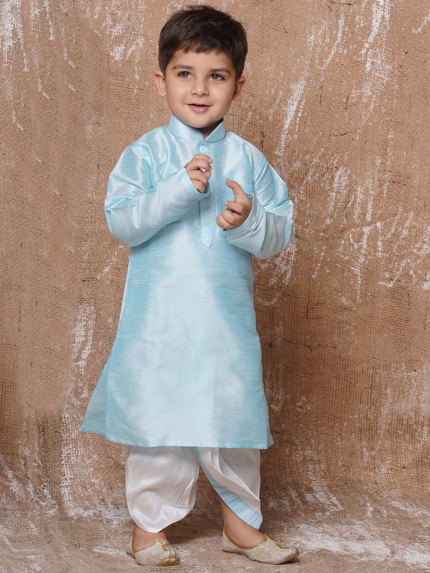 Boys Sky Blue Solid Silk Blend Dhoti Kurta Set for Festive Wear - AJ Dezines
