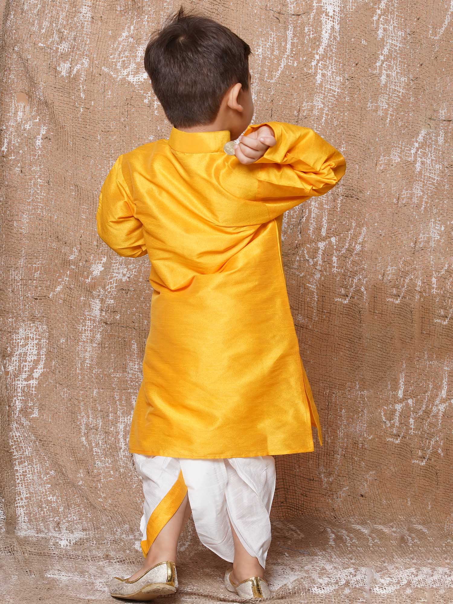 Boys Yellow Solid Silk Blend Dhoti Kurta Set for Festive Wear - AJ Dezines