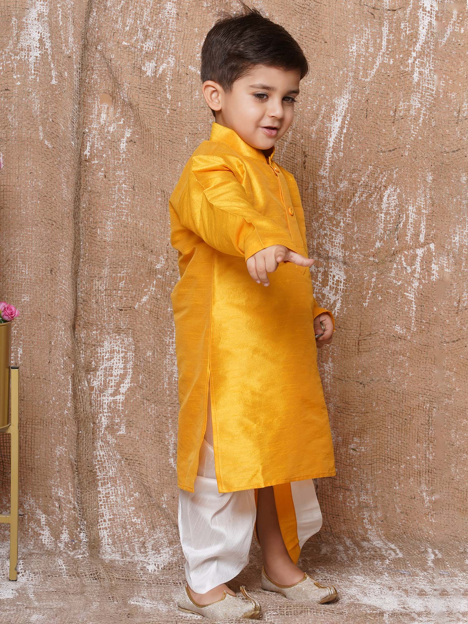 Boys Yellow Solid Silk Blend Dhoti Kurta Set for Festive Wear - AJ Dezines