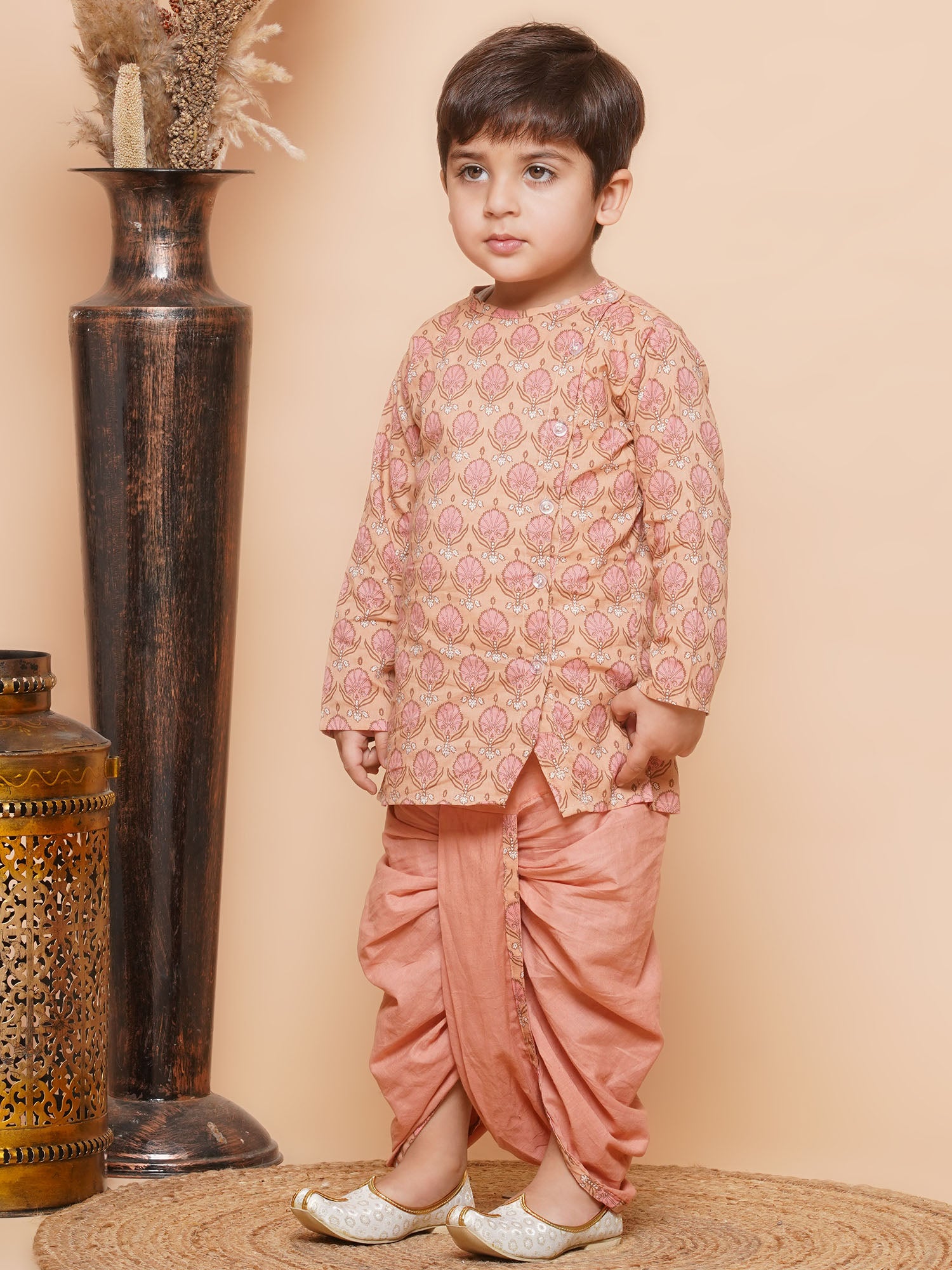 Boys Peach Block Print Pure Cotton Dhoti Kurta Set for Kids - AJ Dezines
