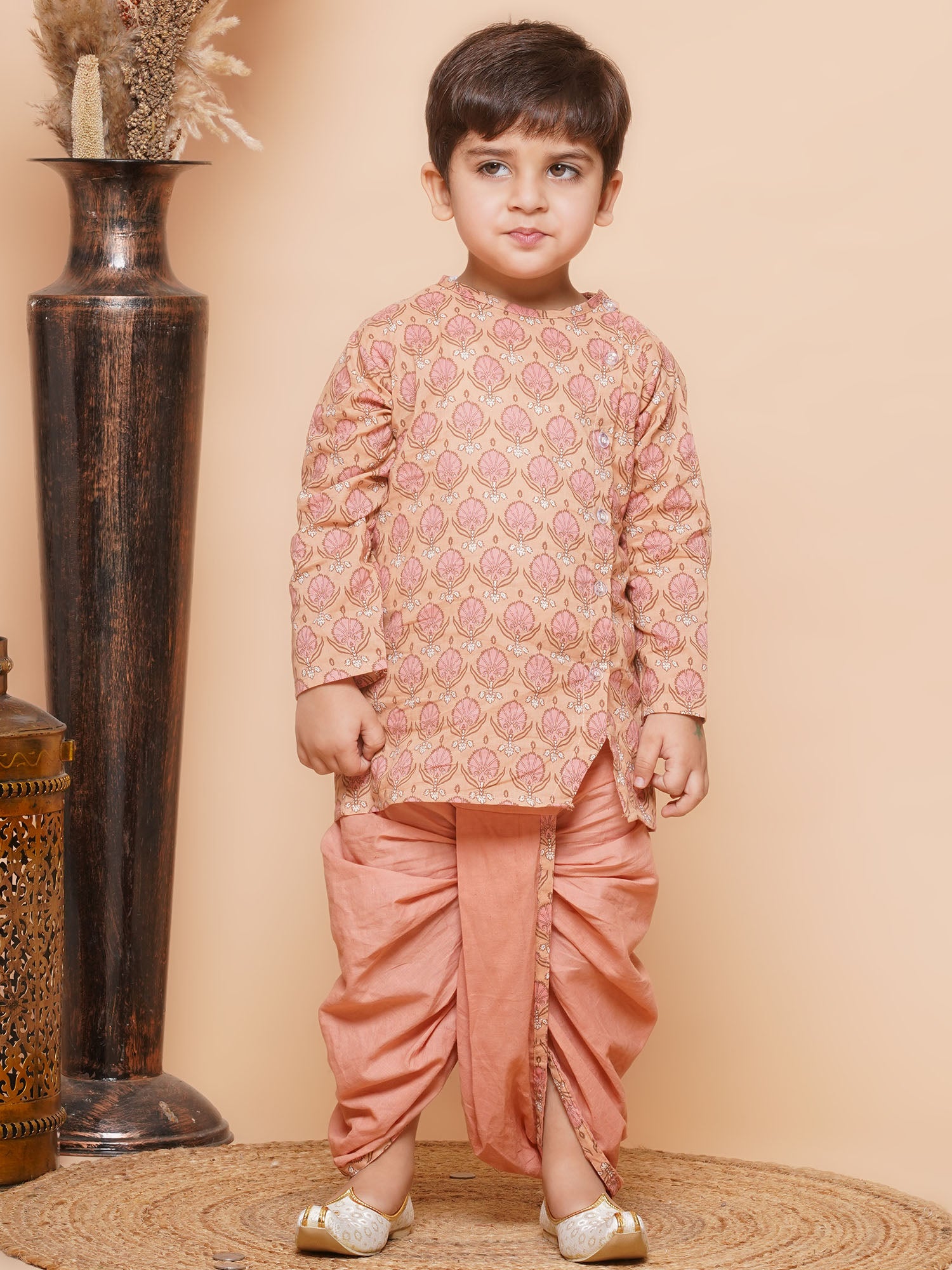 Boys Peach Block Print Pure Cotton Dhoti Kurta Set for Kids - AJ Dezines