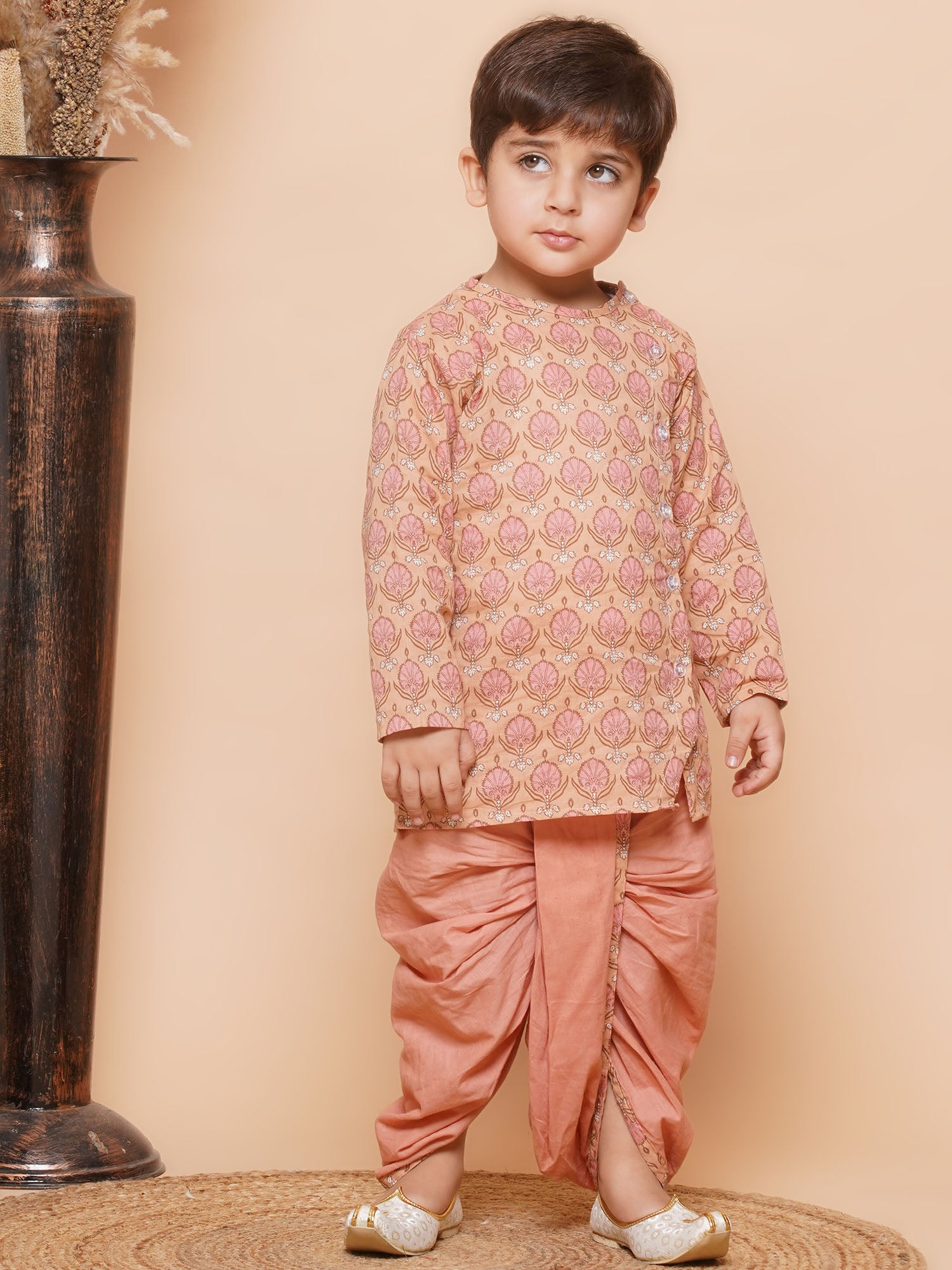 Boys Peach Block Print Pure Cotton Dhoti Kurta Set for Kids - AJ Dezines