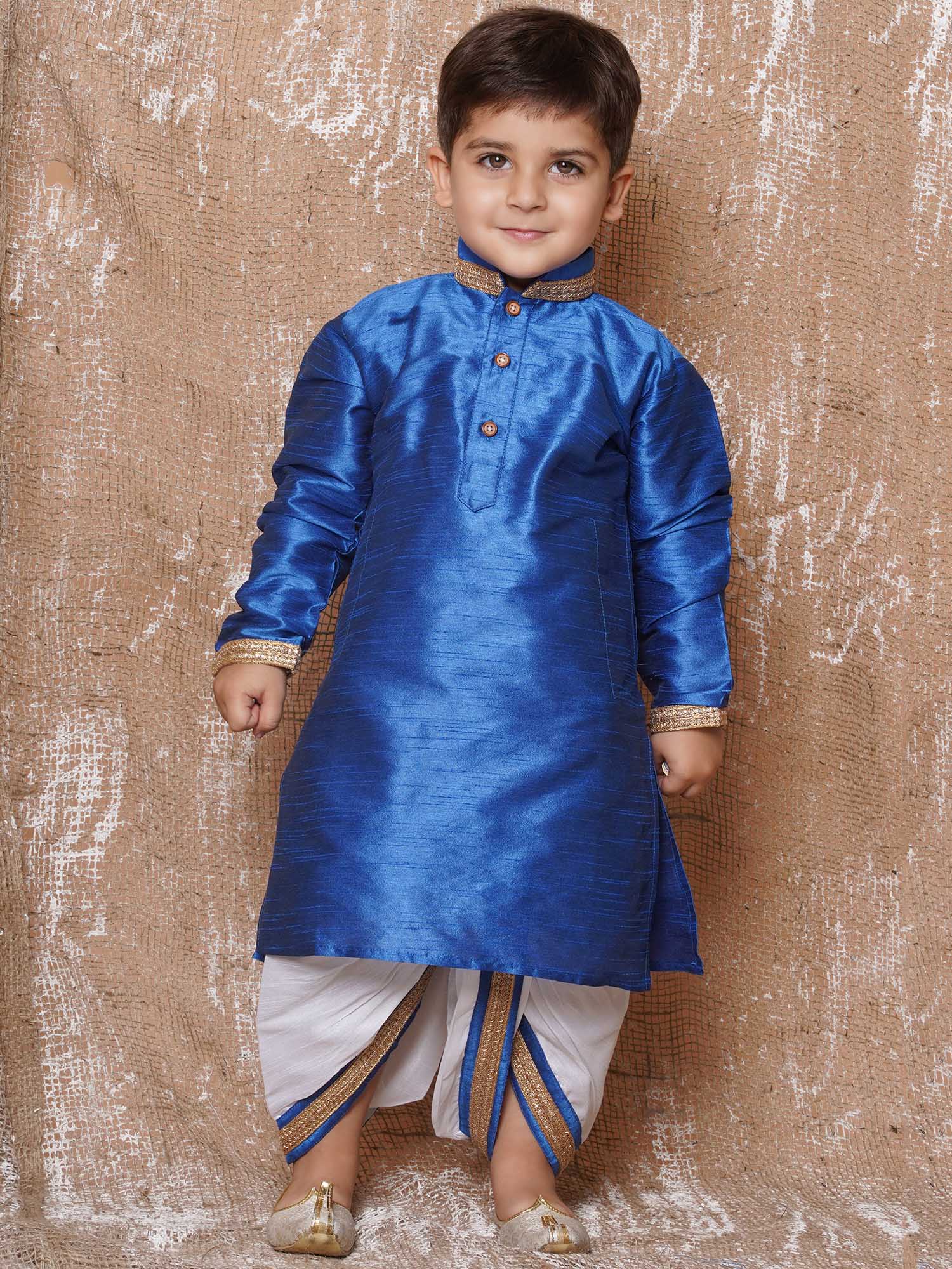 Kids Ethnic Wear Boys Blue Silk Blend Dhoti Set - AJ Dezines