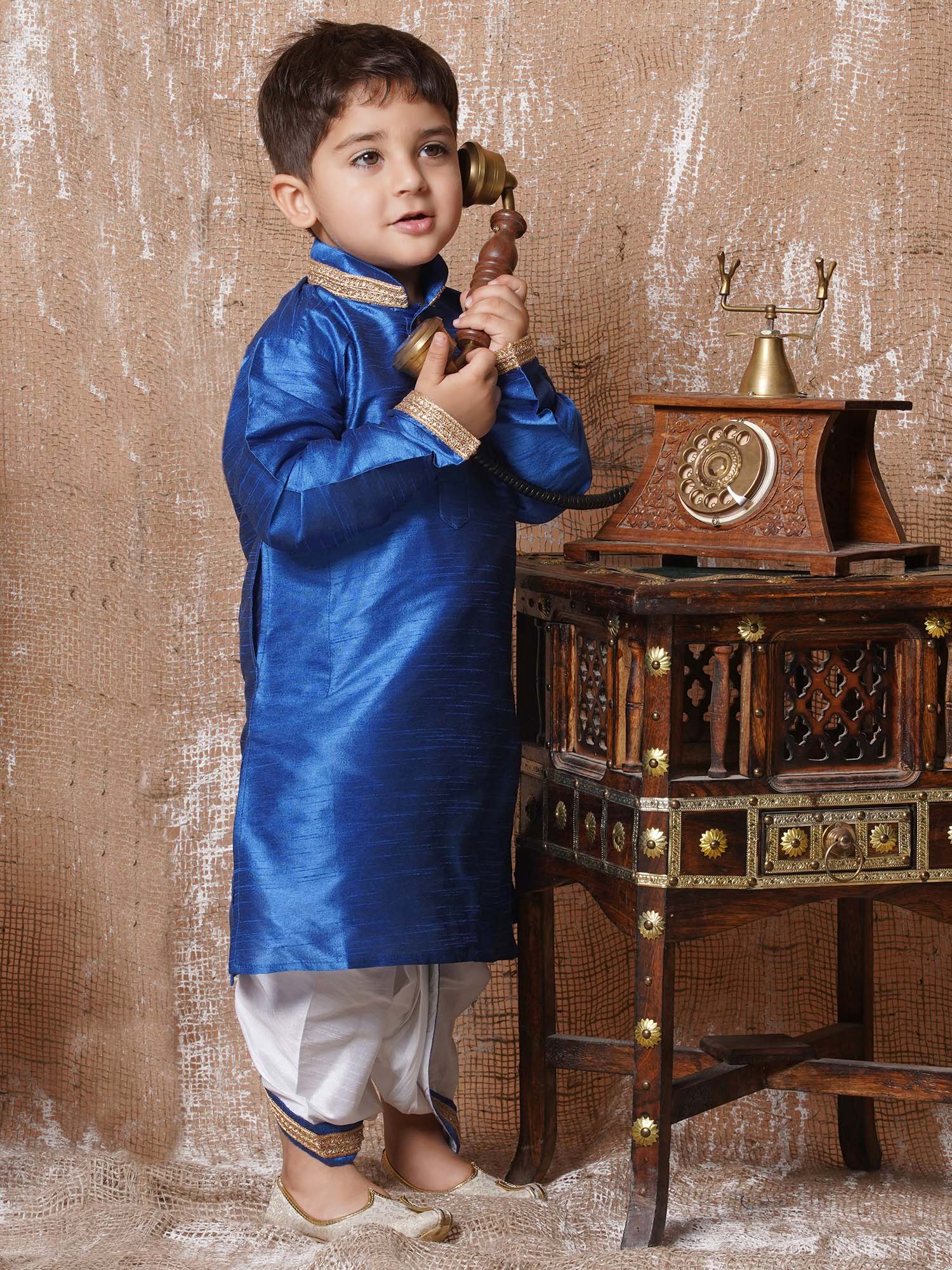Kids Ethnic Wear Boys Blue Silk Blend Dhoti Set - AJ Dezines