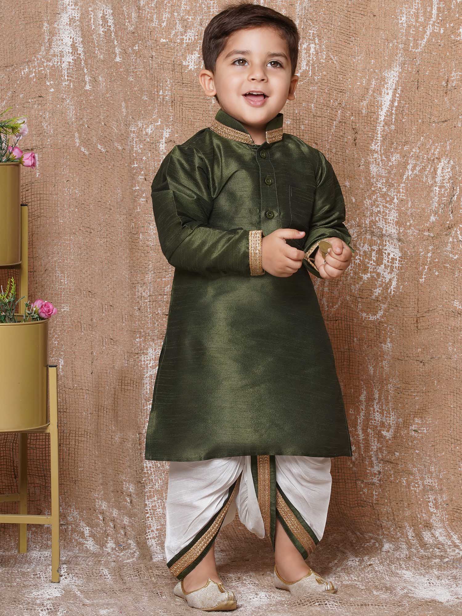 Kids Ethnic Wear Boys Green Silk Blend Dhoti Set - AJ Dezines
