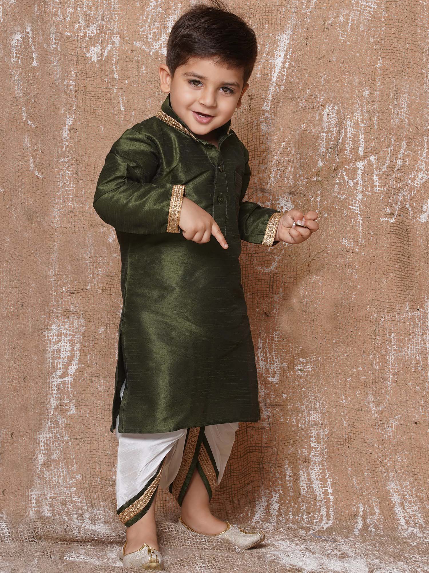Kids Ethnic Wear Boys Green Silk Blend Dhoti Set - AJ Dezines