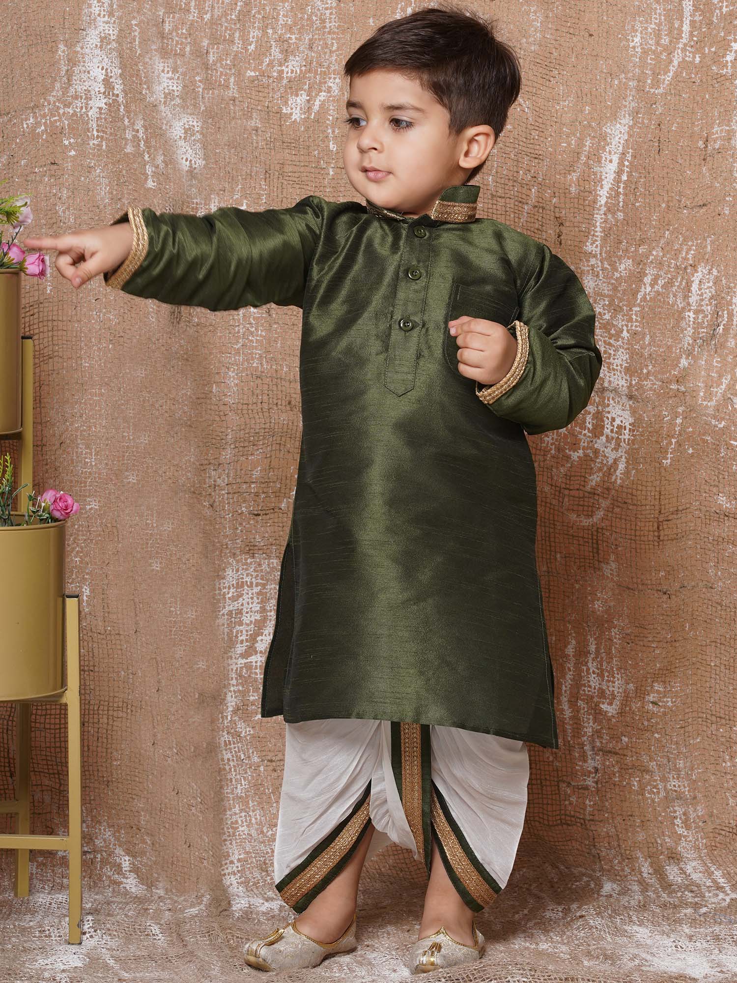 Kids Ethnic Wear Boys Green Silk Blend Dhoti Set - AJ Dezines