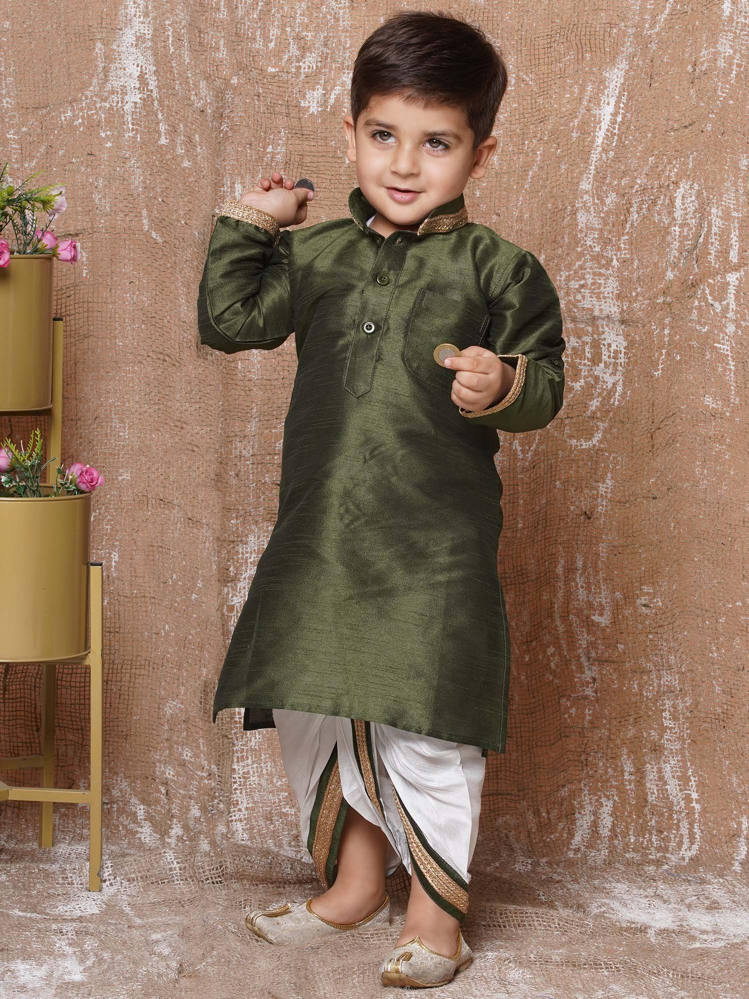 Kids Ethnic Wear Boys Green Silk Blend Dhoti Set - AJ Dezines