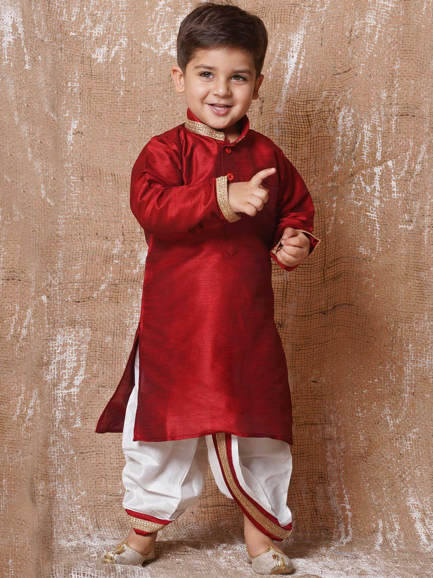 Kids Ethnic Wear Boys Maroon Silk Blend Dhoti Set - AJ Dezines