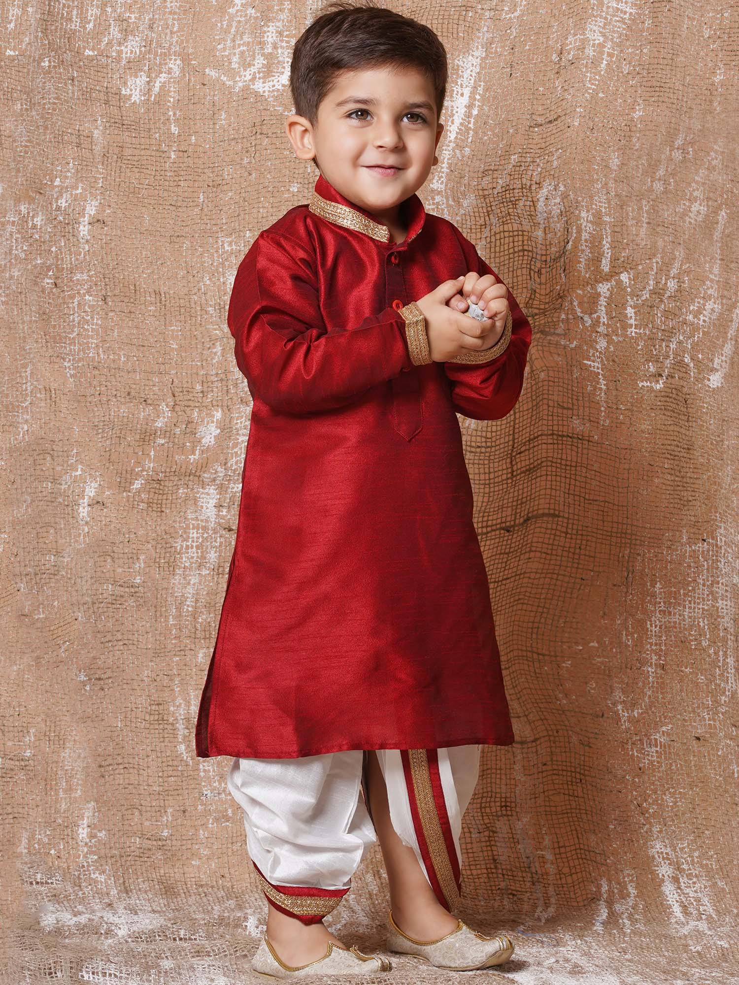 Kids Ethnic Wear Boys Maroon Silk Blend Dhoti Set - AJ Dezines