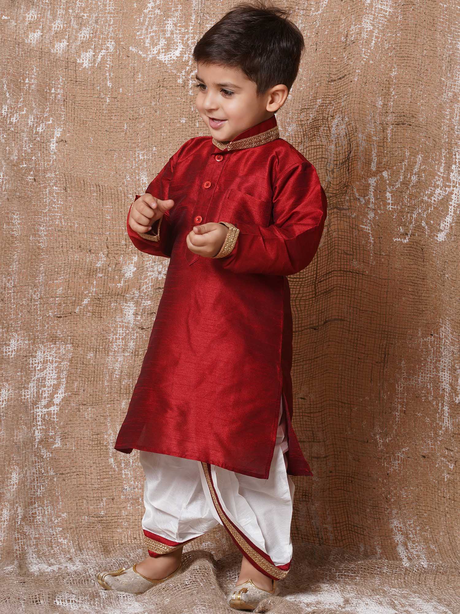 Kids Ethnic Wear Boys Maroon Silk Blend Dhoti Set - AJ Dezines