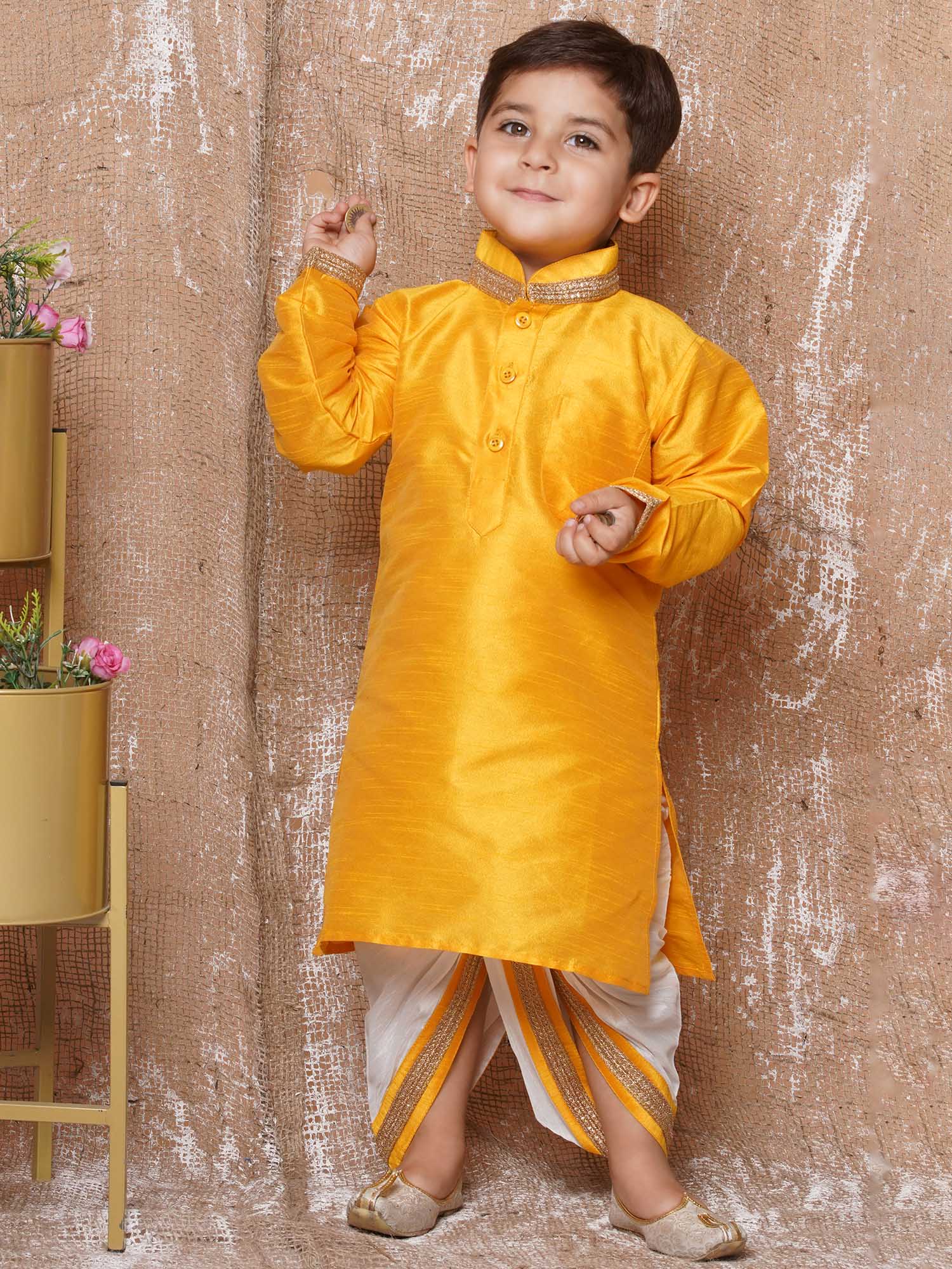 Kids Ethnic Wear Boys Yellow Silk Blend Dhoti Set - AJ Dezines