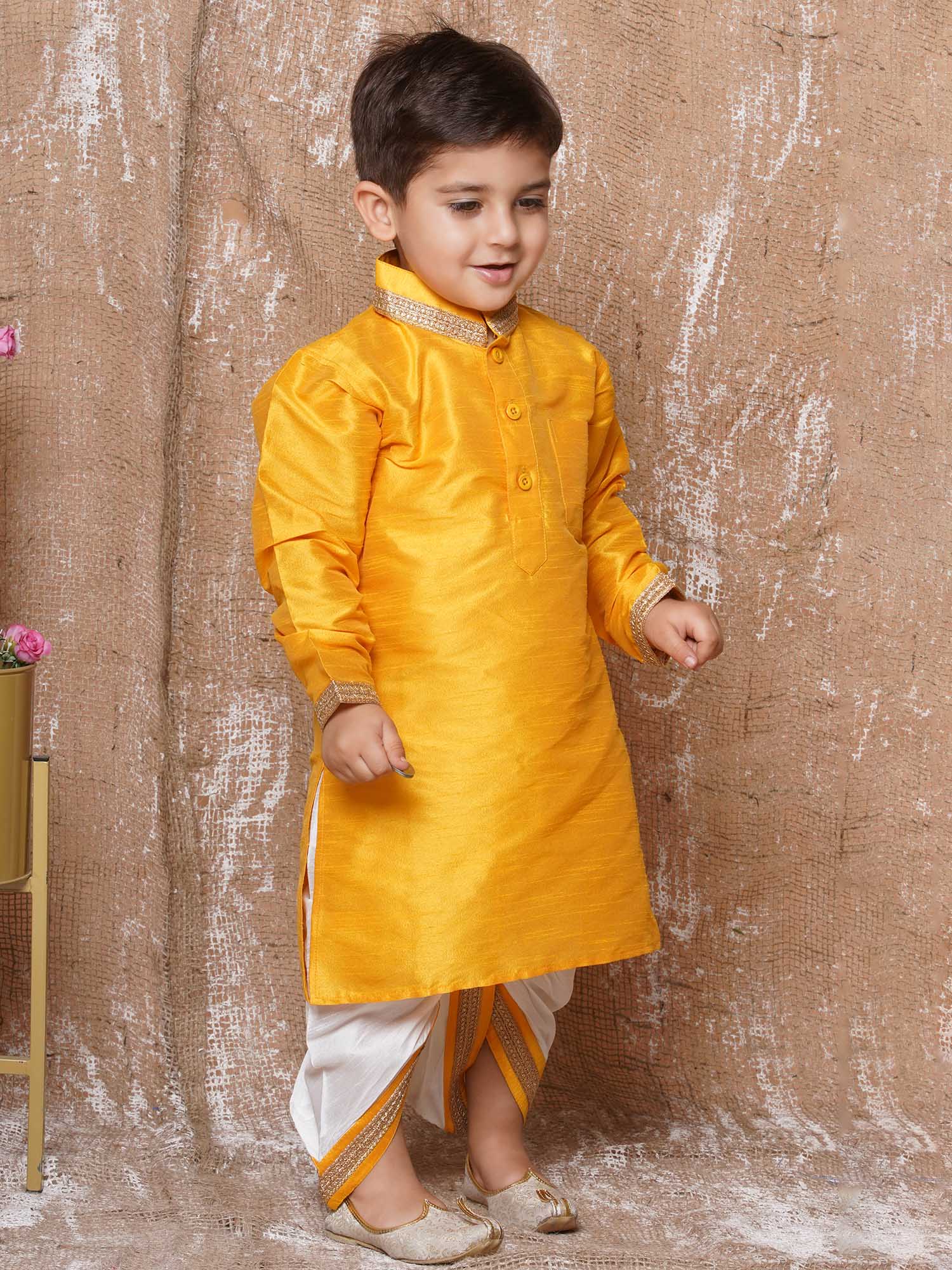 Kids Ethnic Wear Boys Yellow Silk Blend Dhoti Set - AJ Dezines